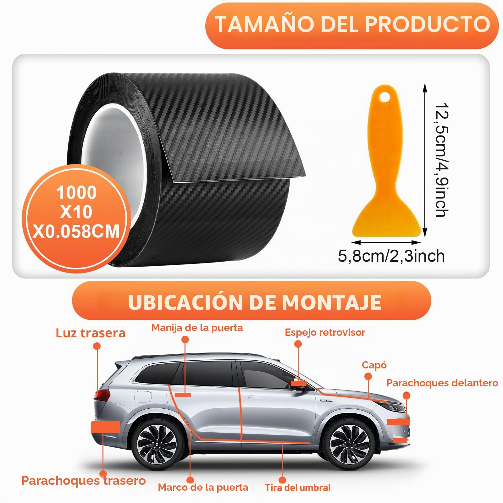 AKOLAFE Protector Umbral Puerta Coche 10 cm X 10 m, Cinta Fibra Carbono Coche Negra K3D, Tira Adhesiva para Puertas, Estribos, Bordes y Protección Decorativa con Rascador