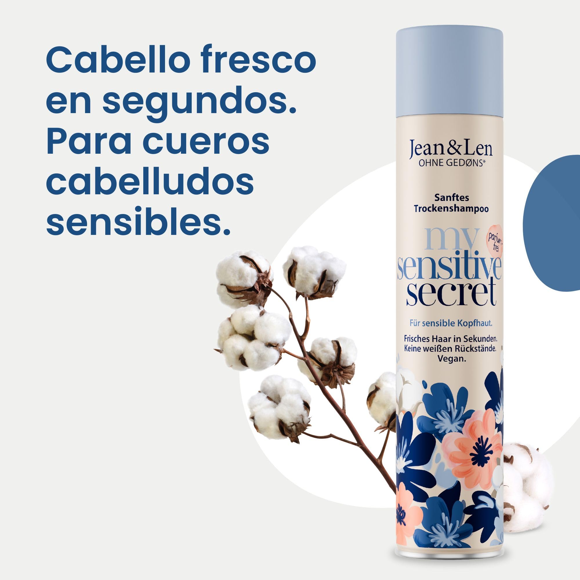 Jean & Len champú en seco my sensitive secret, para cuero cabelludo sensible, con extracto de algodón y pantenol, ayuda con las raíces grasas, sin restos blancos, sin perfume, 200 ml
