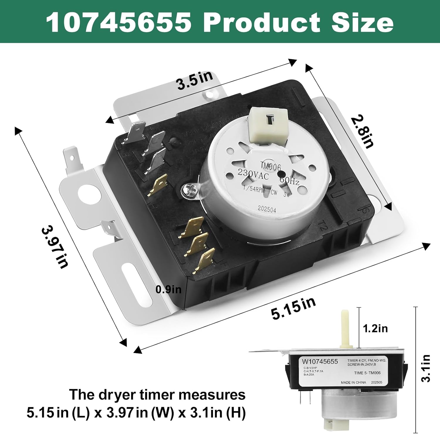 W10745655 Dryer Timer Compatible With Whirlpool, M-aytag, Amana, 230VAC 60Hz Timer Control, NED4655EW1 Replacement For W10857612, AP6003908, 4454384, PS11731366, W10745655