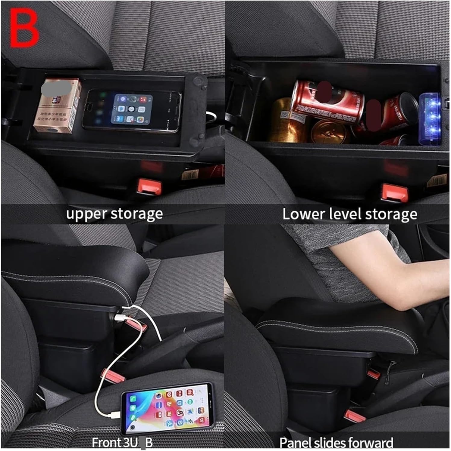 Center Console Organizer Compatible for Kia K3 Leather Double Layer Storage Box Multi-Function Console Catcher 2023(B2 Black line 3 U SB)