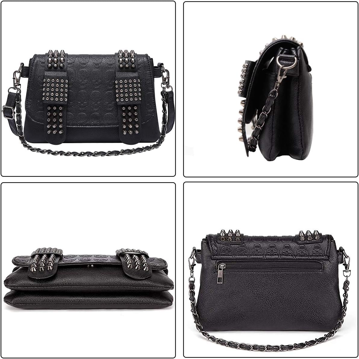 Women Punk Skull Shoulder Top-Handle Bag Goth Rivet Purse Handbag PU Leather Chain Satchel Tote Black - Image 7