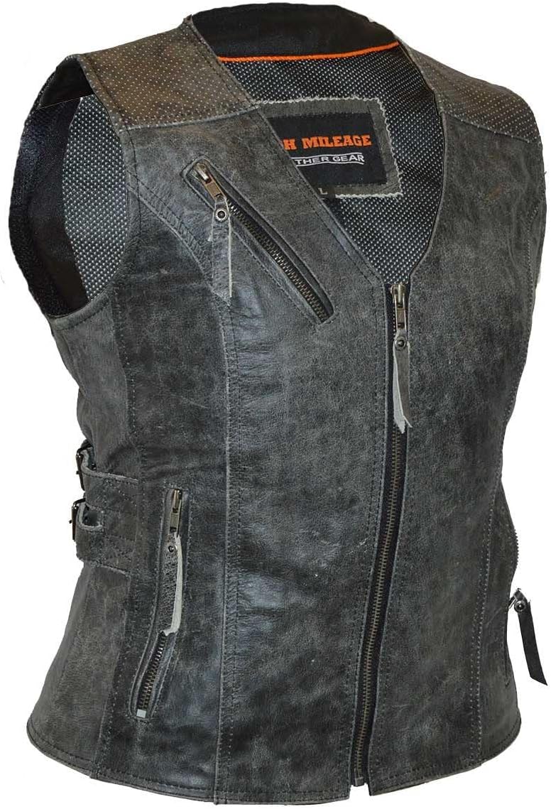 Women's Black Premium Cowhide Biker Motorcycle Leather Vest with Cowgirl Western Leather Outwear, Adjustable Side Buckles