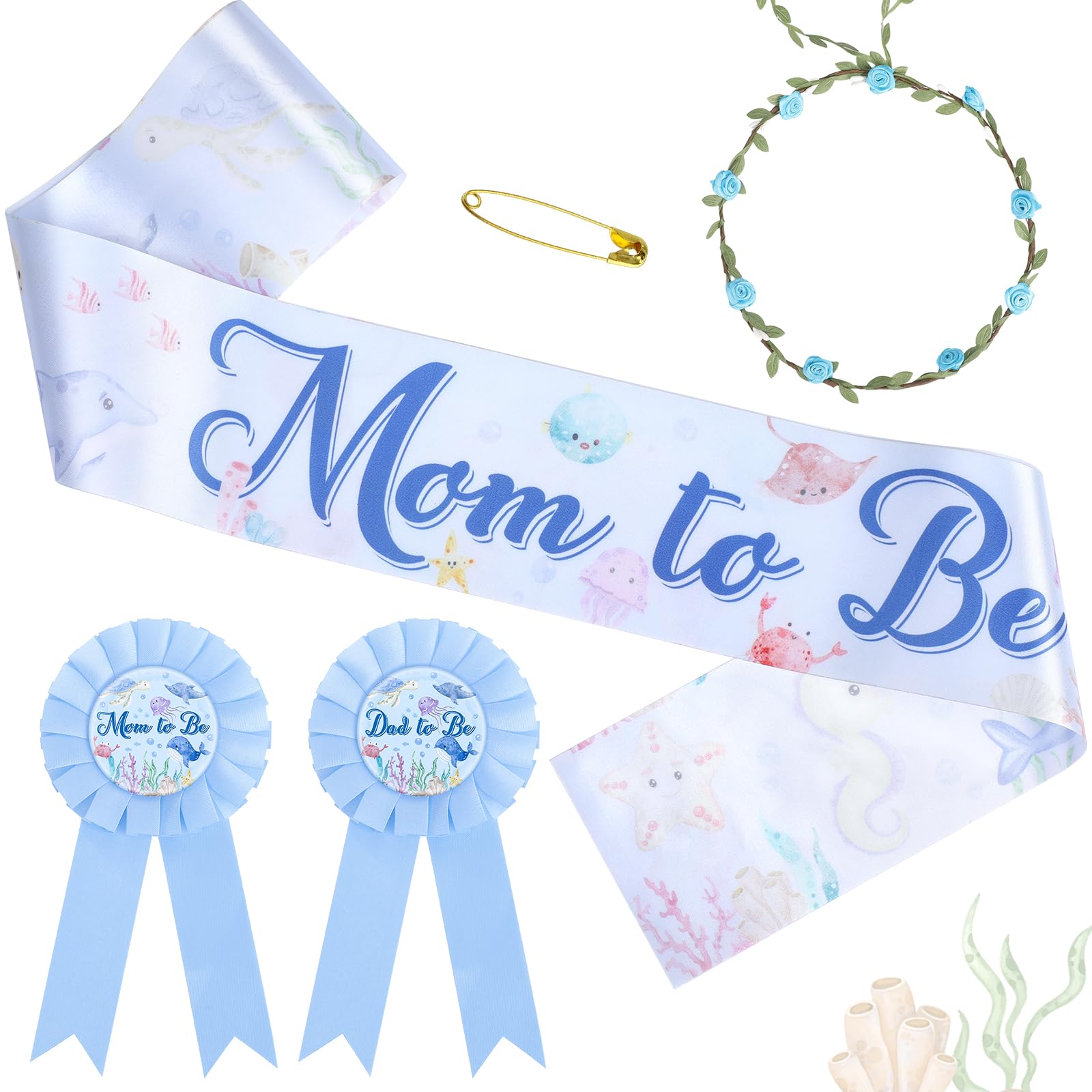 VorkiVecKi Ocean Baby Shower Decorations - 4 Pcs Under The Sea Animals Mom and Dad to Be Sash Badge Pins Flower Crown Decor Blue Gender Reveal Party Maternity Corsage Belt Supplies Boys Girls Keepsake