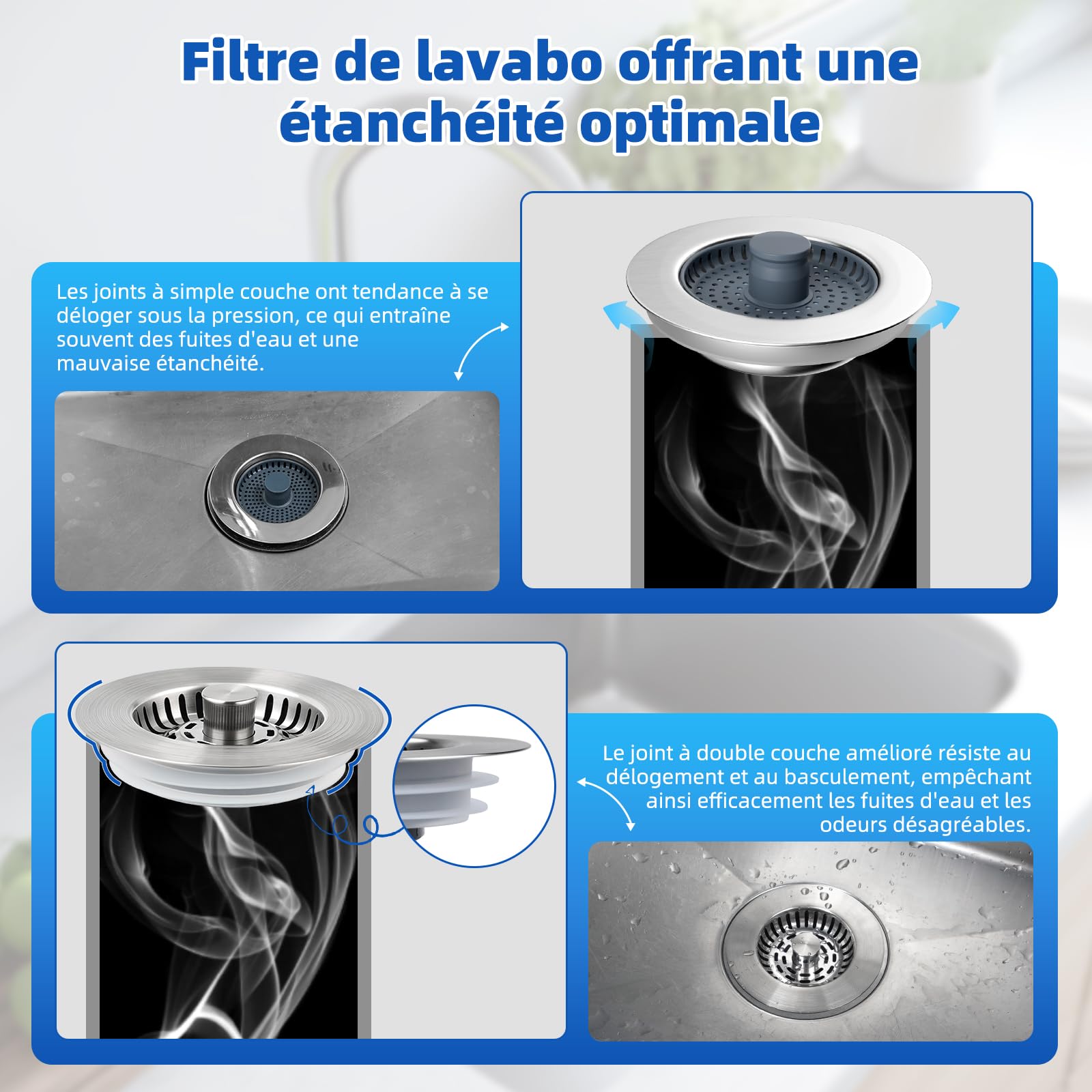 Hibbent Bouchons Évier Cuisine 3 en 1 Améliorés, Crépine Acier Inoxydable avec Base ABS, Double Joint Caoutchouc, Anti-Bouchage, Anti-Odeurs, Profondeur 28 mm, Nickel Brossé