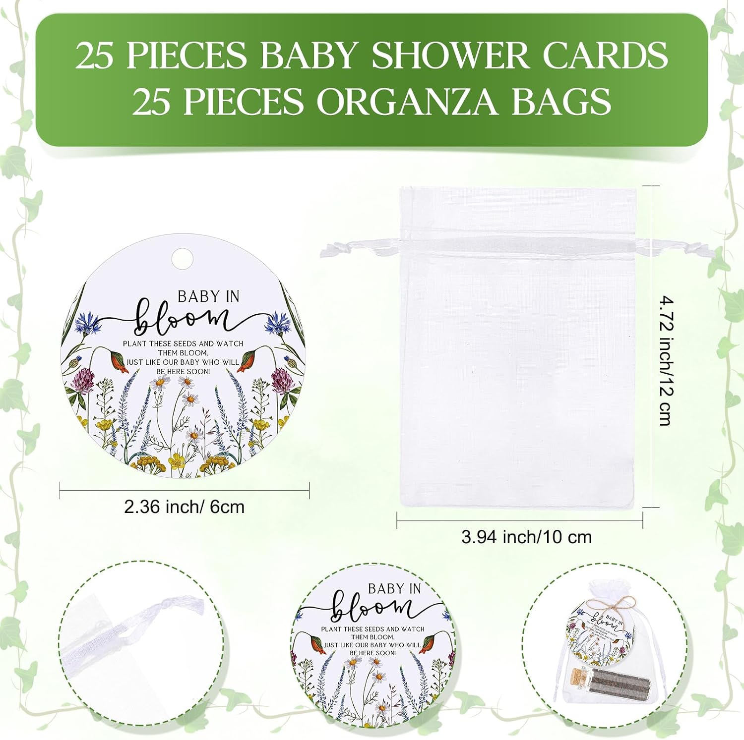 Liliful 25 Sets Baby in Bloom Baby Shower Party Favors Seed Organizer Bottles Glass Bottles with Cork Stopper with Thank You Tags and Organza Bag Gender Reveal Party for Guests, No Seed