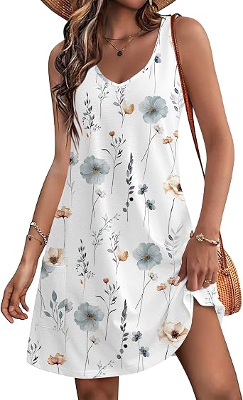 HOTOUCH Womens Summer Dress Ladies Casual Dresses with Pockets Sleeveless V-Neck Sundress Mini Beachdress Spaghetti Strap