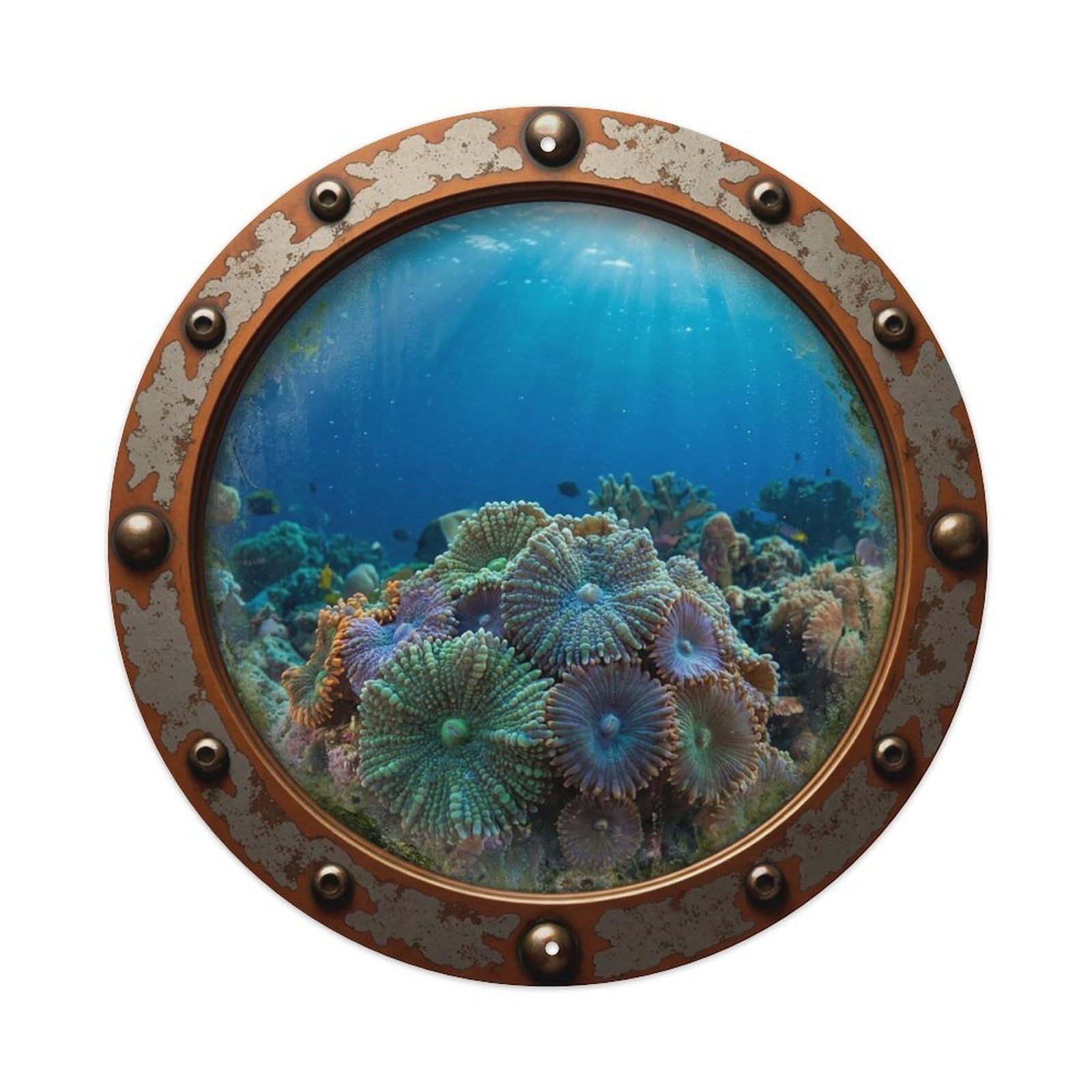 Gead 8X8inch Style Vintage Porthole Ricordea Coral Nautical Window View Metal Tin Sign
