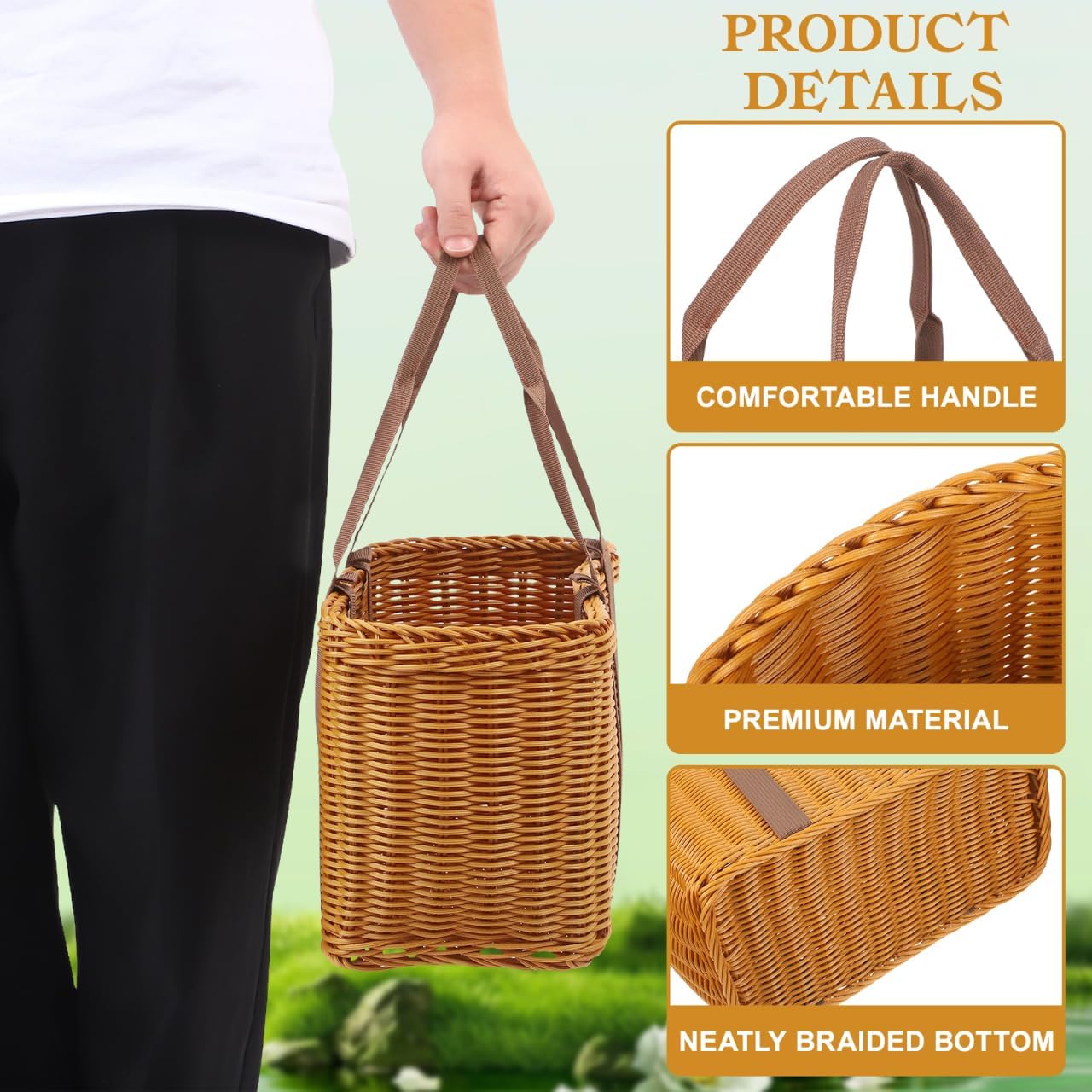 Alipis Hand-Woven Rattan Shopping Basket with Handle Portable Storage Holder for Kitchen Fruit and Picnic Use 12.6X5.5X14.9 Inches - Image 6