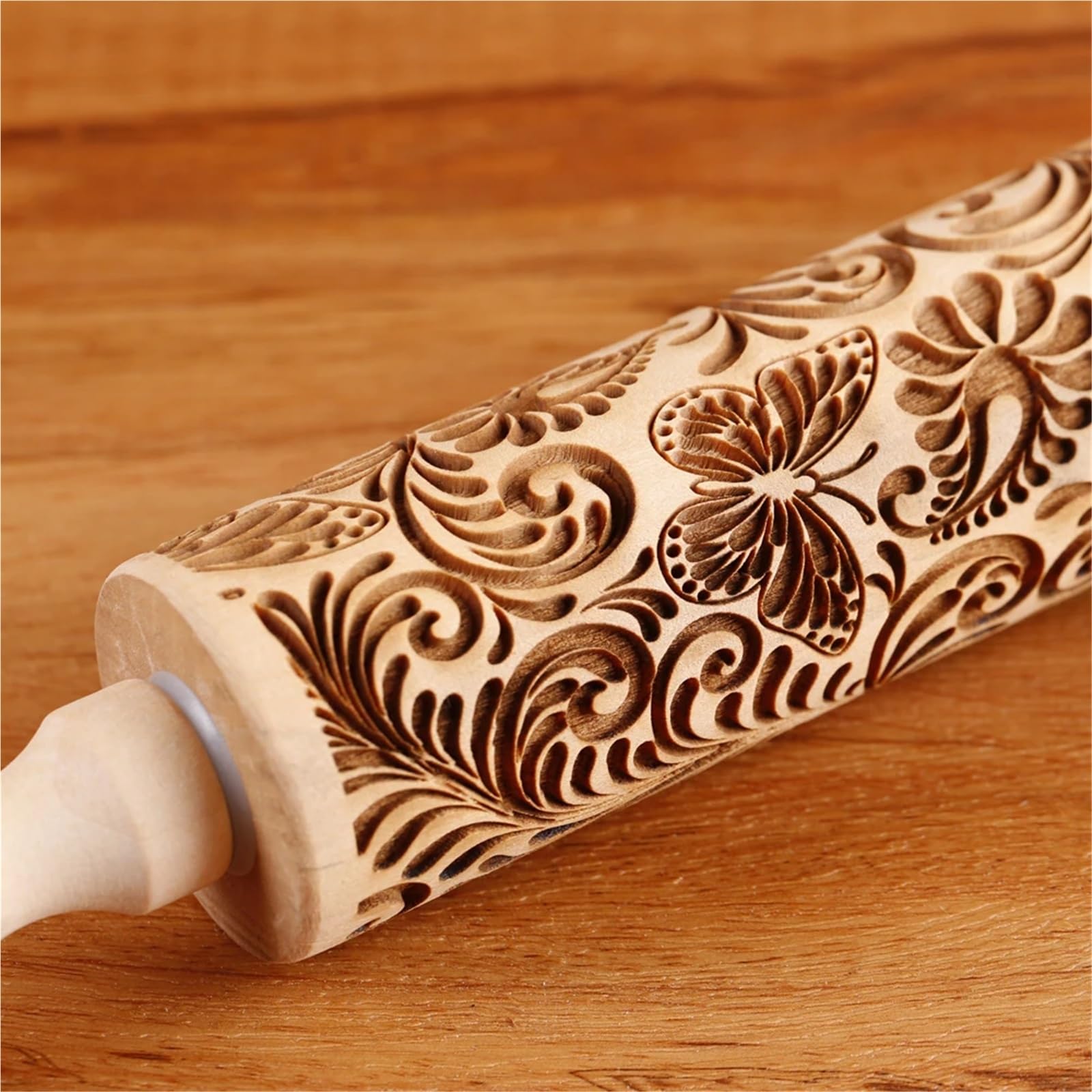 Rodillo de madera con relieve de mariposa de 13,7 pulgadas for repostería, cocina, herramientas for hornear, grabado profundo de enredadera de árbol, sello for galletas. Rodillo para Masa Madera