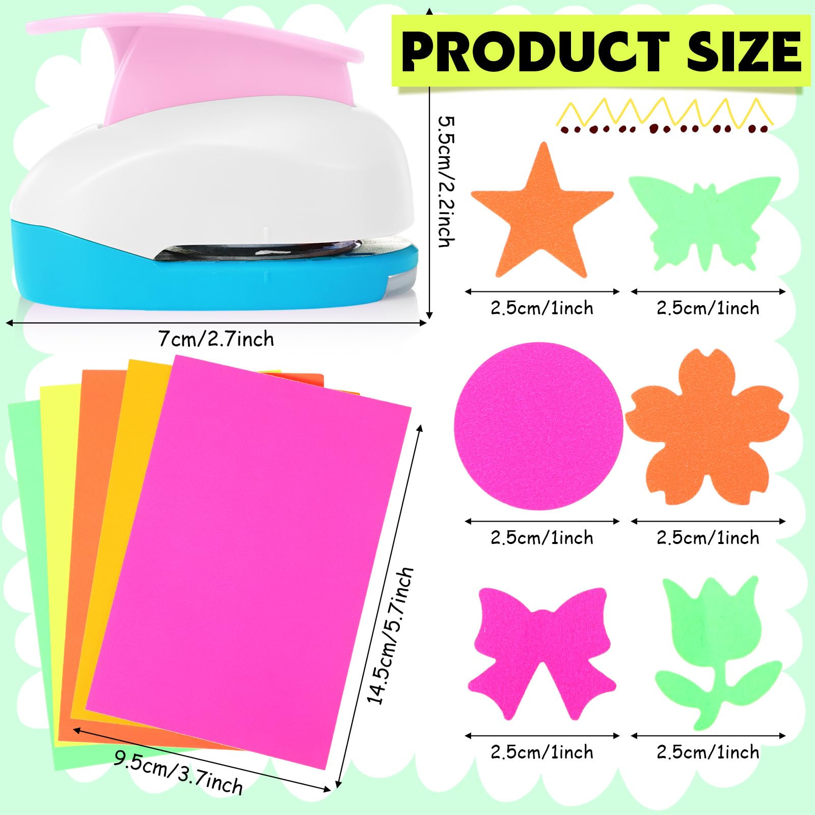 CHENGU 16 perforatori per carta, per scrapbooking, con carta adesiva artigianale, rotondi, stella, quadrato, cuore, fiore, onda (2,5 cm, stile fresco)