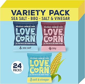 – LOVE CORN Variety Pack (8x Sea Salt, 8x BBQ, 8x Salt & Vinegar) – Healthy Snacks Ideal for Gluten Free & Vegan Diets – Low Sugar Alternative for Crisps, Mixed Nuts & Pretzels – Perfect To Graze On