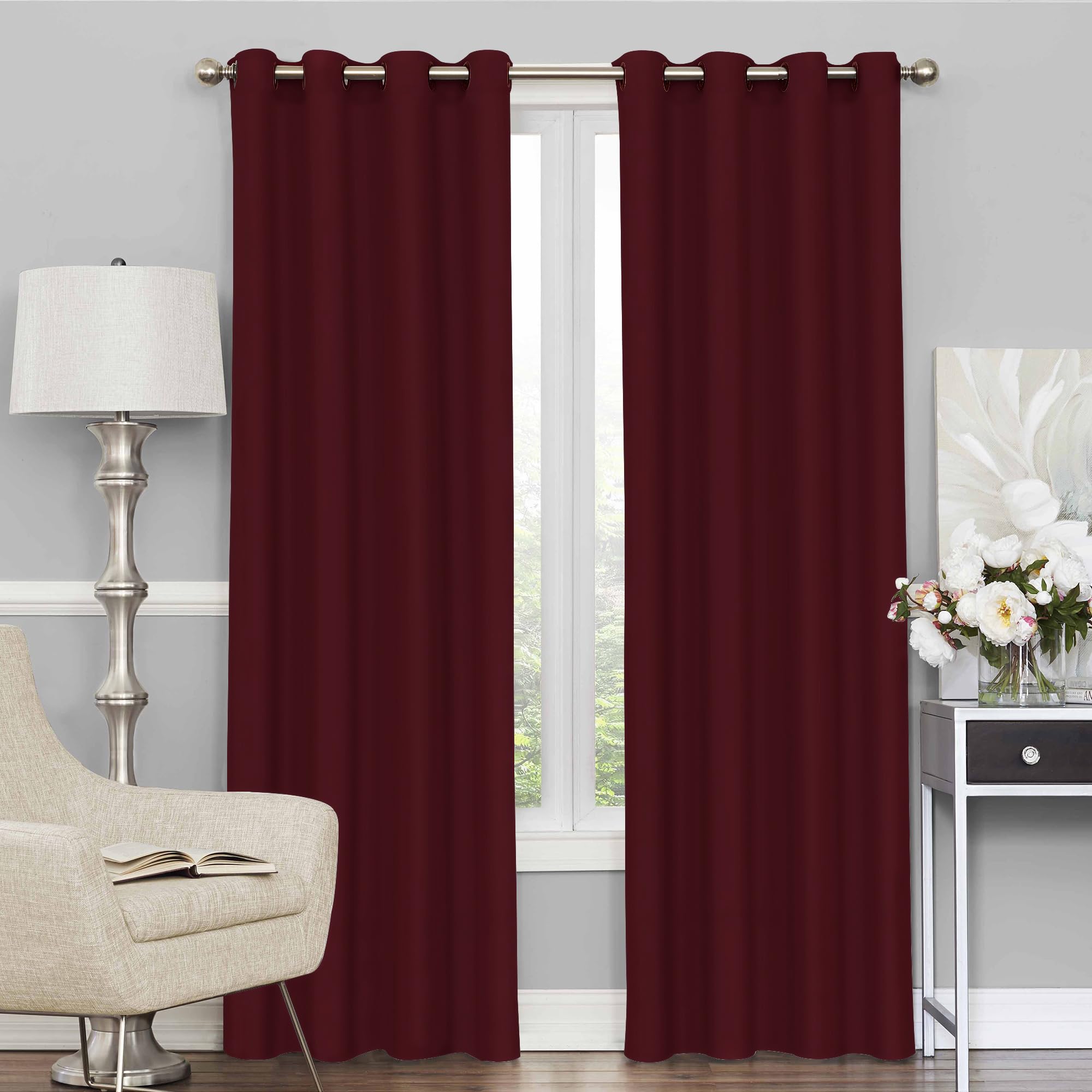 Blackout Long Door Curtains, for Living/Bedroom. Premium Faux Silk, Rich Polyester. Light Blocking, Thermal Insulation, Noise Reduction. Grommet. Solid Red, 2 Panels, 275cm/9ft