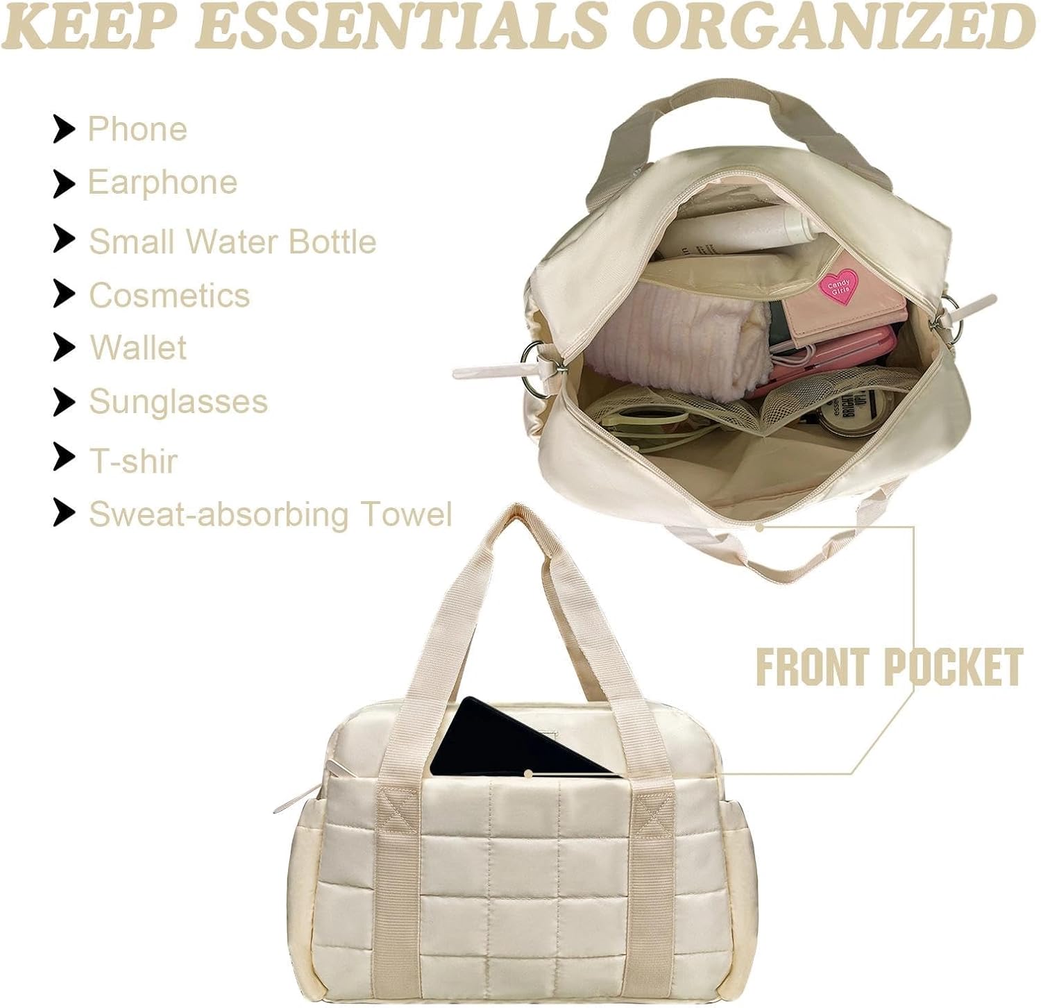 WOLT Small Gym Bag for Women, 14 inch Lightweight Gym Duffle Bag with Wet Compartment Quilted Tote for Sports Workout, Beige - Image 5