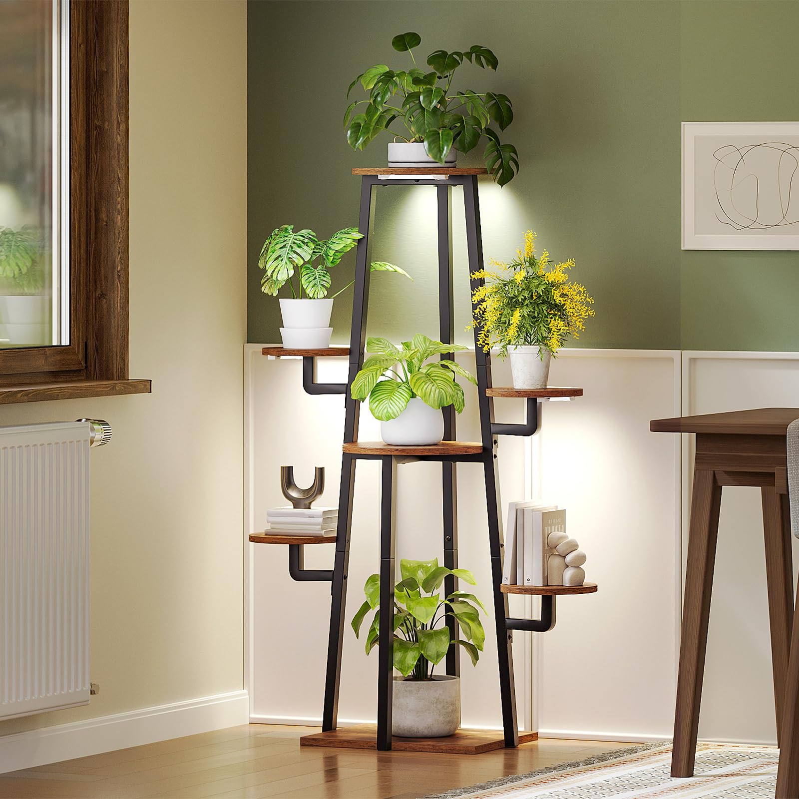 HOOBRO Wewnętrzna półka na rośliny z 3-głowicową lampą, otwartym stojakiem na kwiaty, 9 poziomów jasności i 5 trybów oświetlenia, salon, balkon, rustykalny brązowy i czarny EBF04DHJ01