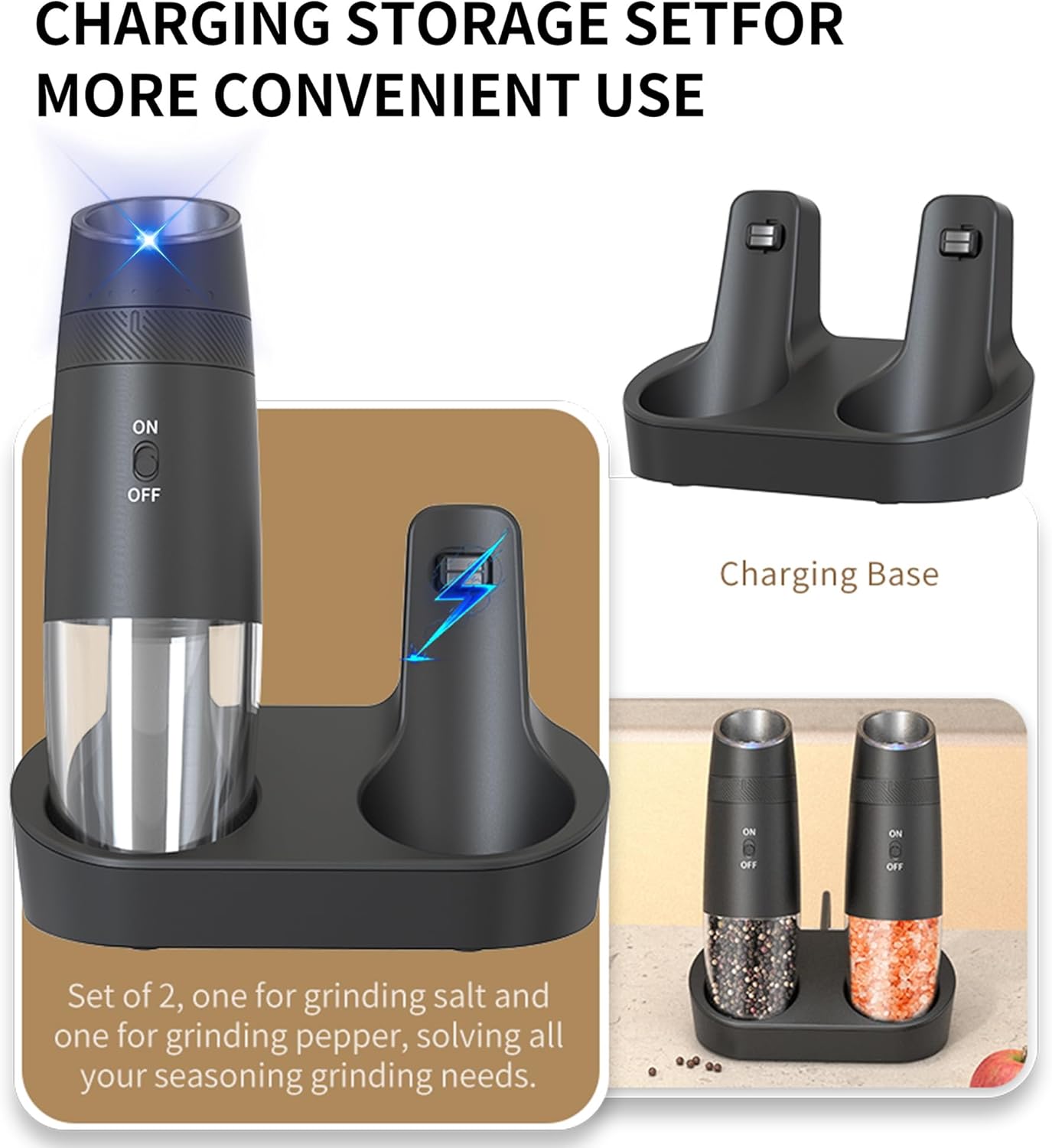 Gravity Electric Pepper and Salt Grinder Refillable Set - Automatic Shakers Pepper Mill, Adjustable Coarseness, with Rechargeable Base & LED Light