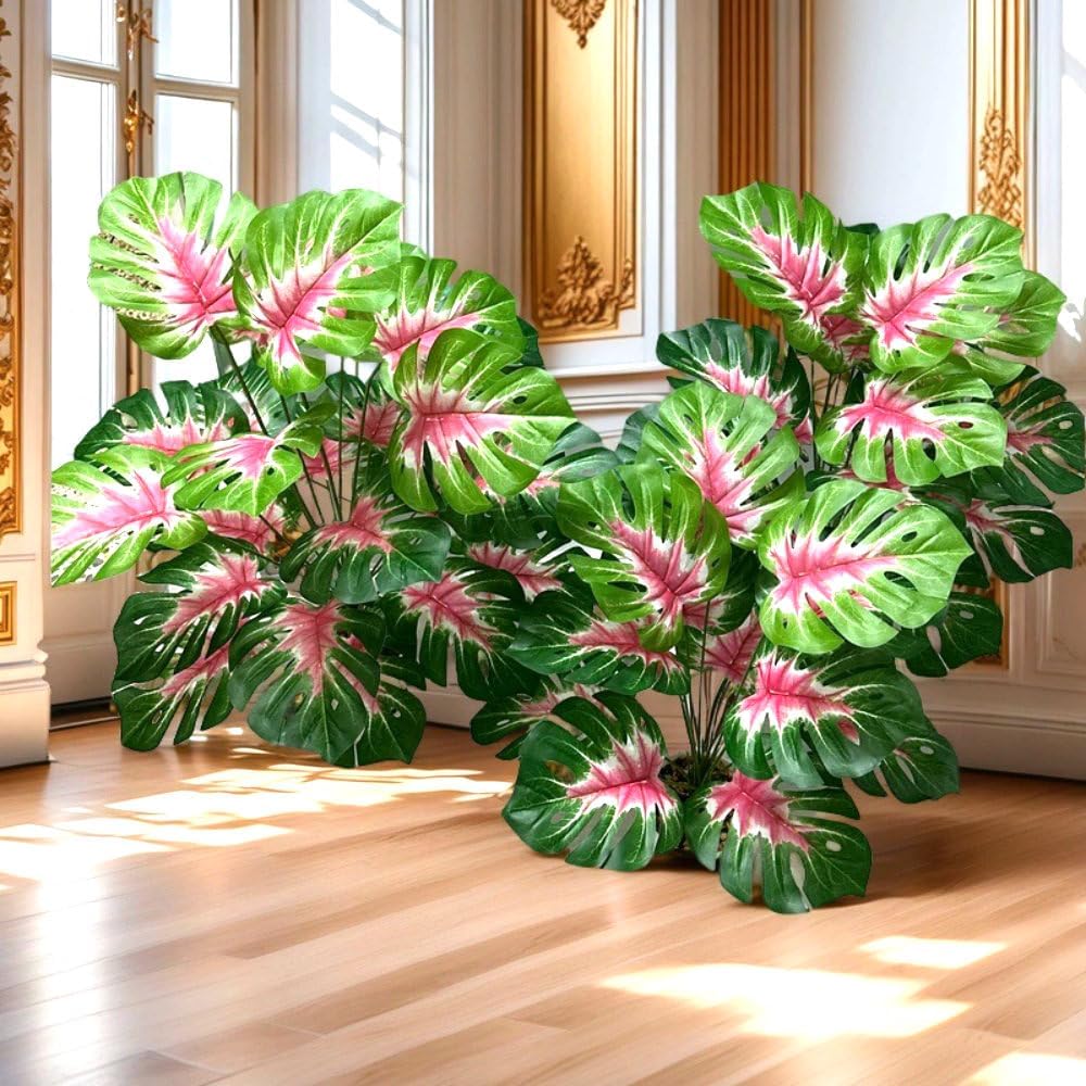 Artificial Monstera Plant with Yellow and Green Leaves, Turtle Leaf Hyphosis Artificial Plants Green Bonsai Simulated Plant Potted for Room Decor Home Garden Ornament (Red(No Flowerpot), 85cm)