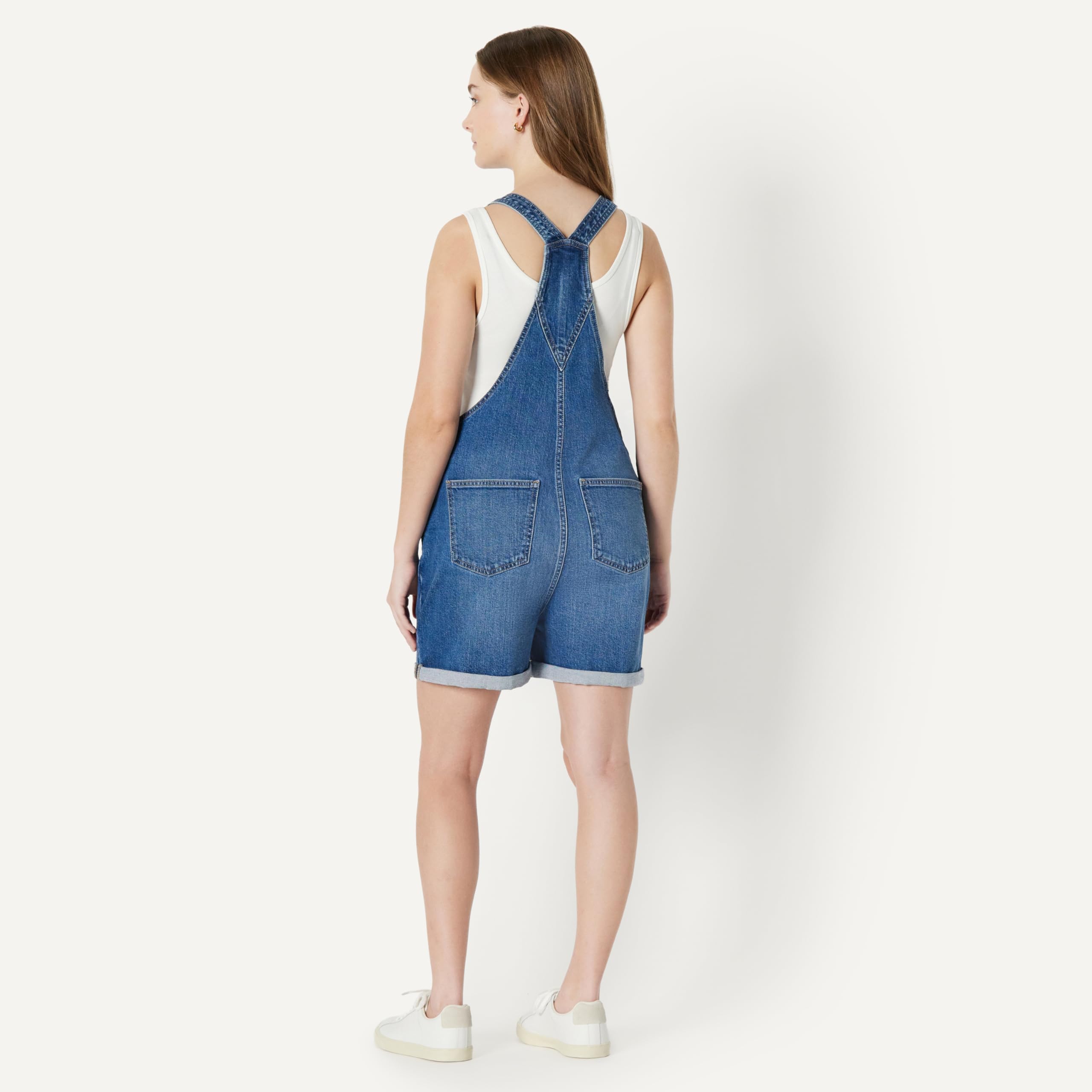 Amazon Essentials Peto Corto Vaquero de Corte Holgado y Elasticidad Media con Tirantes Ajustables Mujer