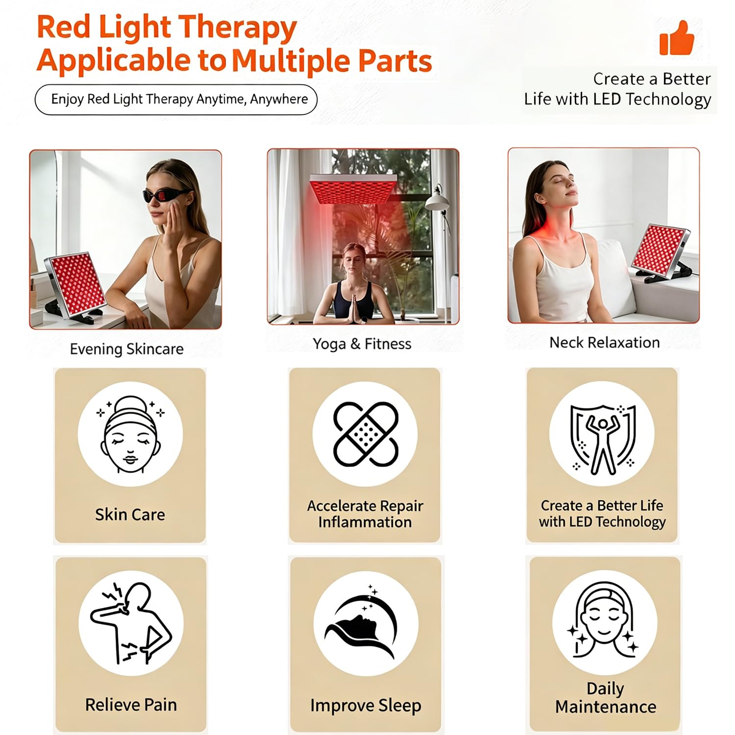 Lámpara de luz roja, 660 nm y 850 nm, 250 LED, gancho + gafas de protección + soporte de mesa, panel de aluminio, sin generación de calor, para cuidado de la piel y alivio de la tensión