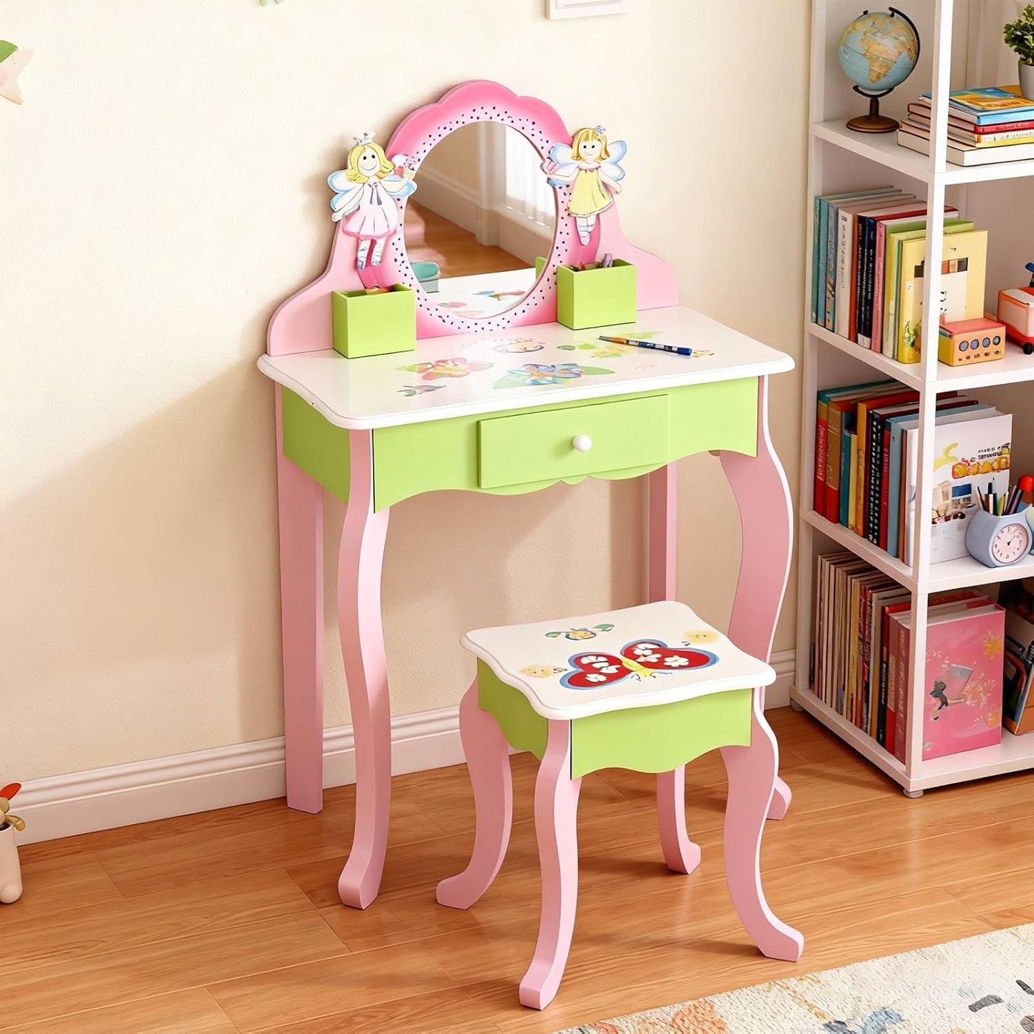 Wooden Vanity Table & Stool Set, Flower Fairy Design Kids Table Chair Set with Mirror Drawer for Over 3 Years Girls