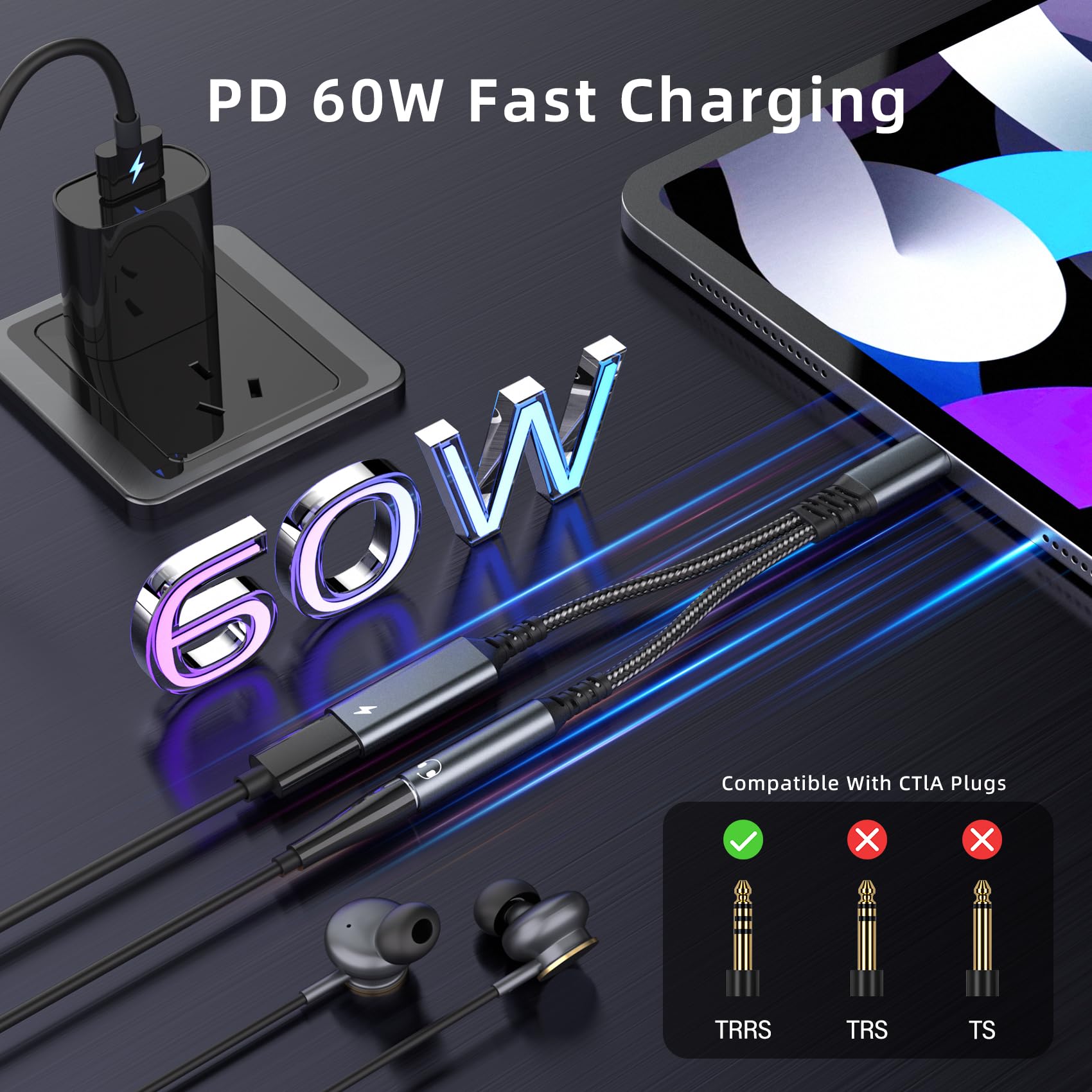 Adattatore USB C a Jack 3.5mm 2 in 1 con Ricarica Rapida PD 60W per iPhone 16/15 Pro Max Samsung S24 Ultra