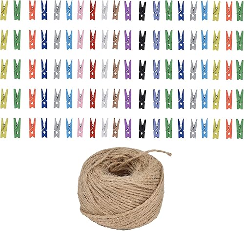 100 pinzas de madera resistentes de colores con cuerda de 33 pies para ropa seca en tendedero, clips para bolsas, manualidades, fotos, hogar,