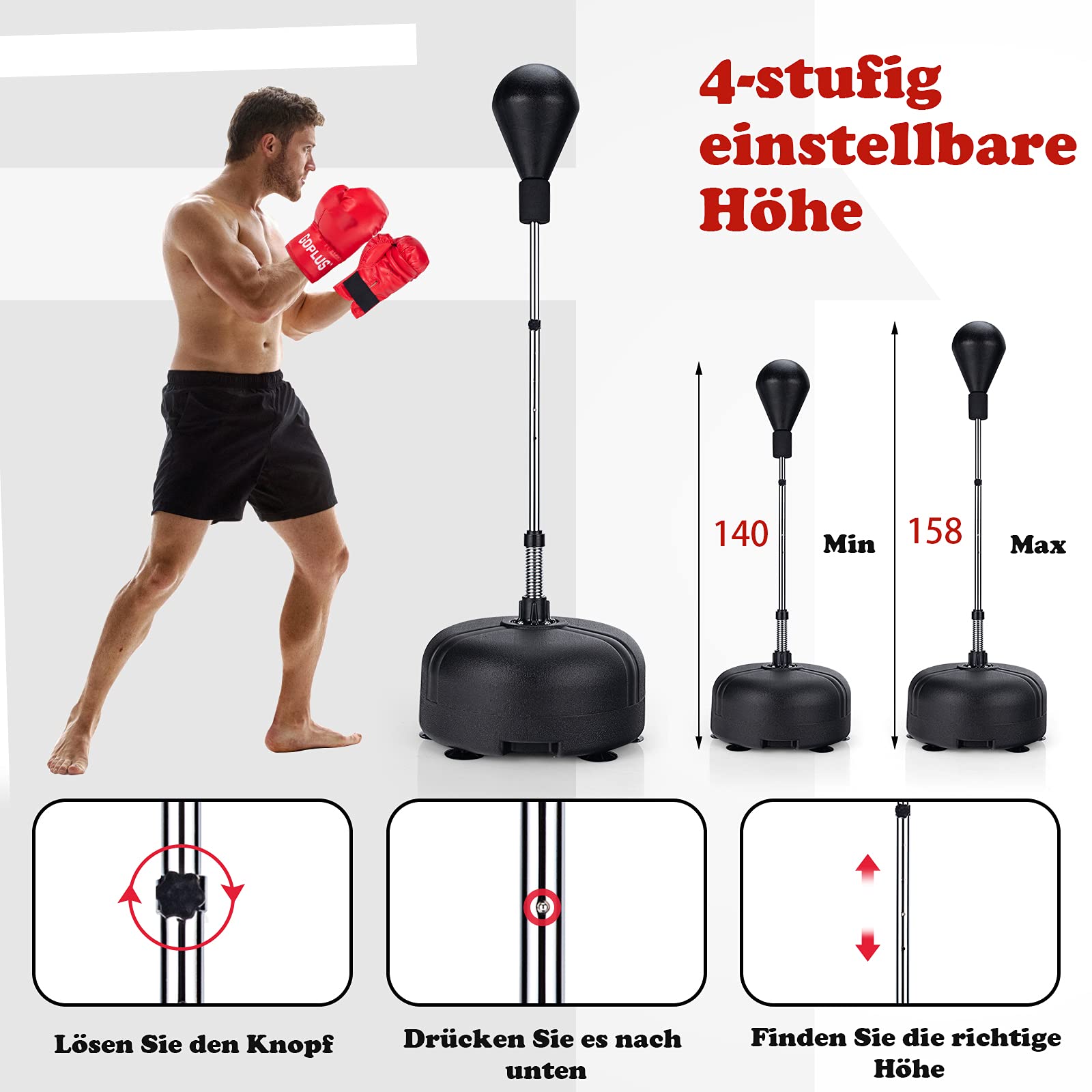 GOPLUS Piłka bokserska bokserska, 4-stopniowa regulacja wysokości, stojący trener bokserski z dopasowaną podstawą i rękawicami bokserskimi, redukcja stresu i fitness, dla dorosłych, chłopców i