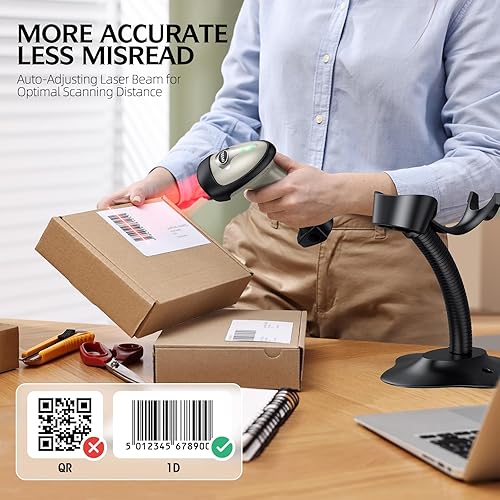 Miniatura 8 de TEEMI Escáner de código de barras Bluetooth con soporte opcional, lector de código de barras automático de mano láser 1D para iPhone, iPad, Android,