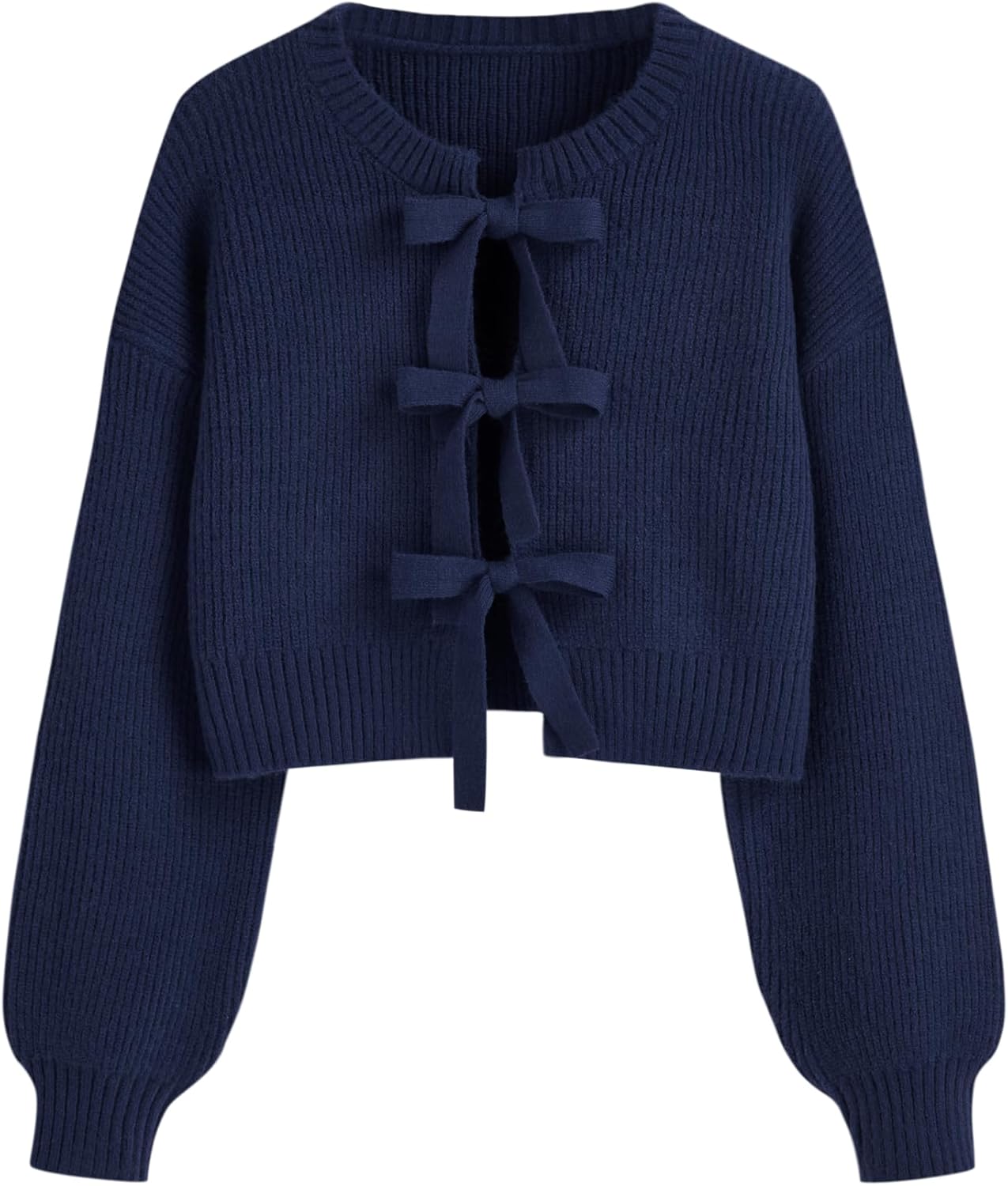 CIDER Women Round Neck Tie Front Cardigan Bowknot Crop Sweater