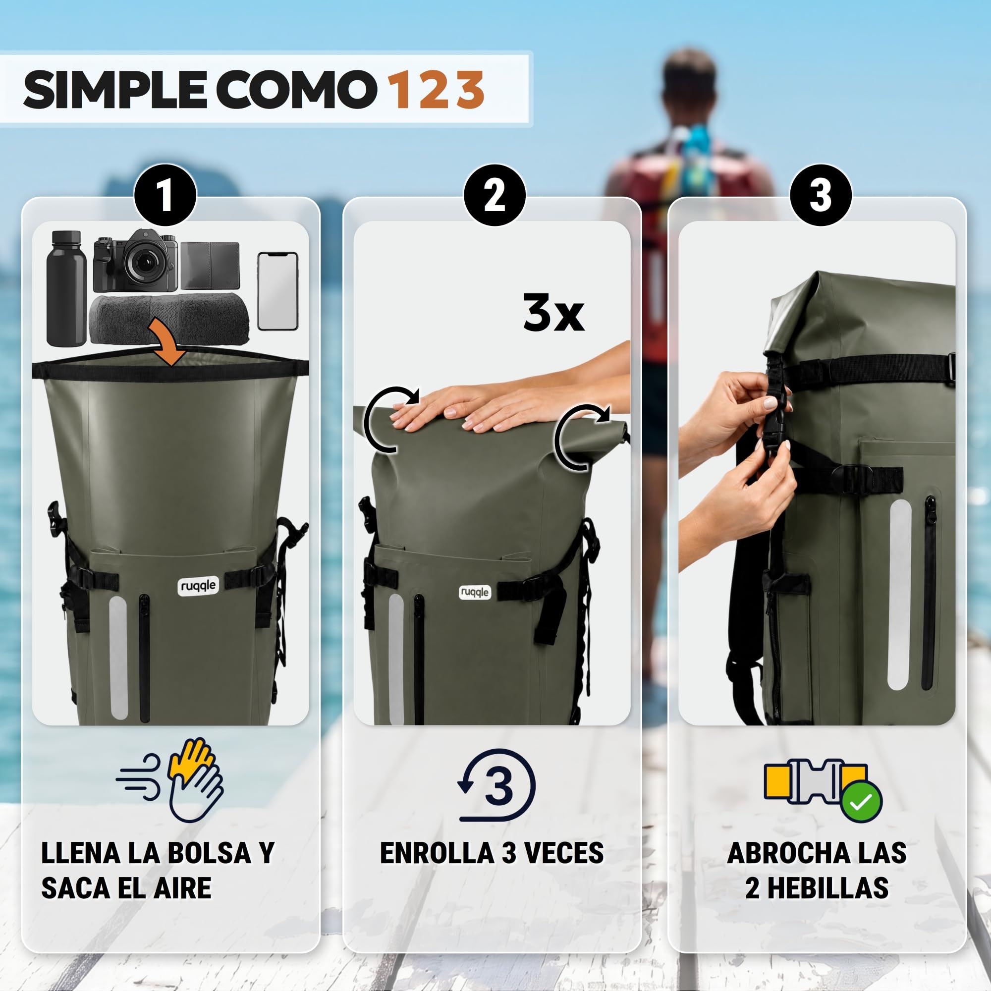 Ruqqle Bolsa Estanca Impermeable 20/30/45L, Mochila Seca Versátil con 3 Bolsillos Externos, Cómoda para Playa, Mar, Barco, Canoa, Paddle Surf, Kayak, Moto, Senderismo, Camping, Pesca, Viaje y Ocio