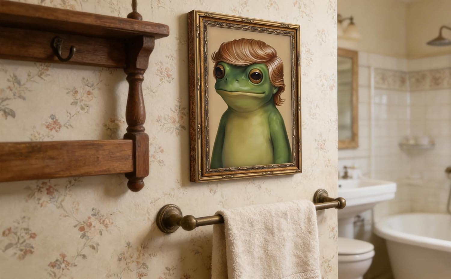 Funny Frog Wall Art Vintage Gold Frame Froge Wall Decor Interesting Animal Pictures Painting Cute Quirky Animal Hairstyle Poster Prints Artwork for Bathroom Living Room Bar Bedroom Home Decoretion image 5