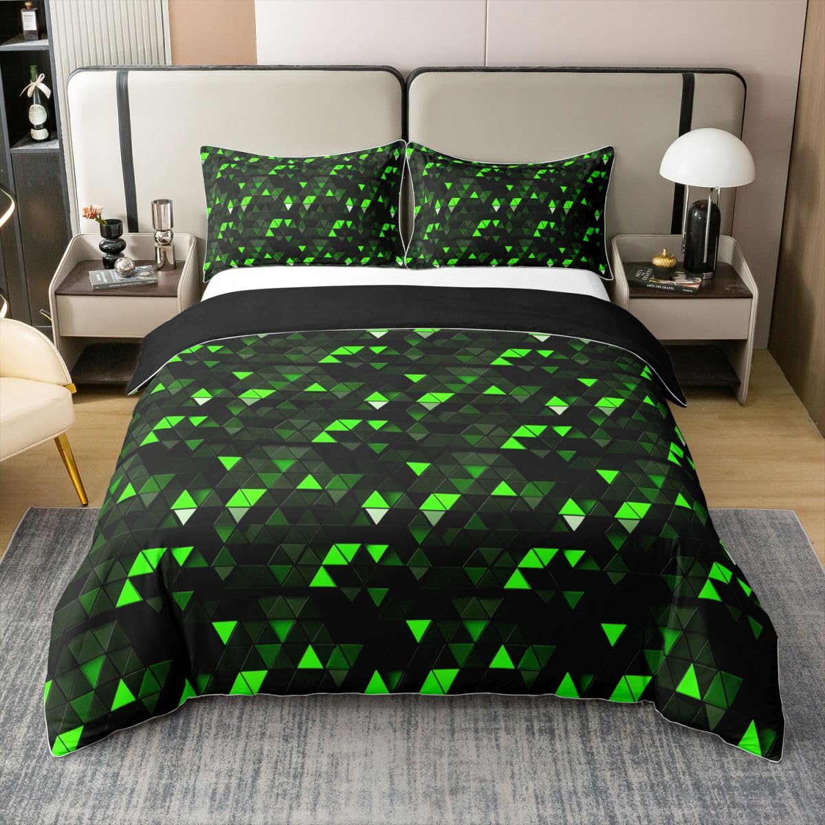 Homewish 3D abstrakcyjna geometryczna poszewka na kołdrę podwójny neonowy czarny zielony bawełniany zestaw pościeli zielony czarny trójkąt poszewka na kołdrę nowoczesne geometryczne zestawy łóżek