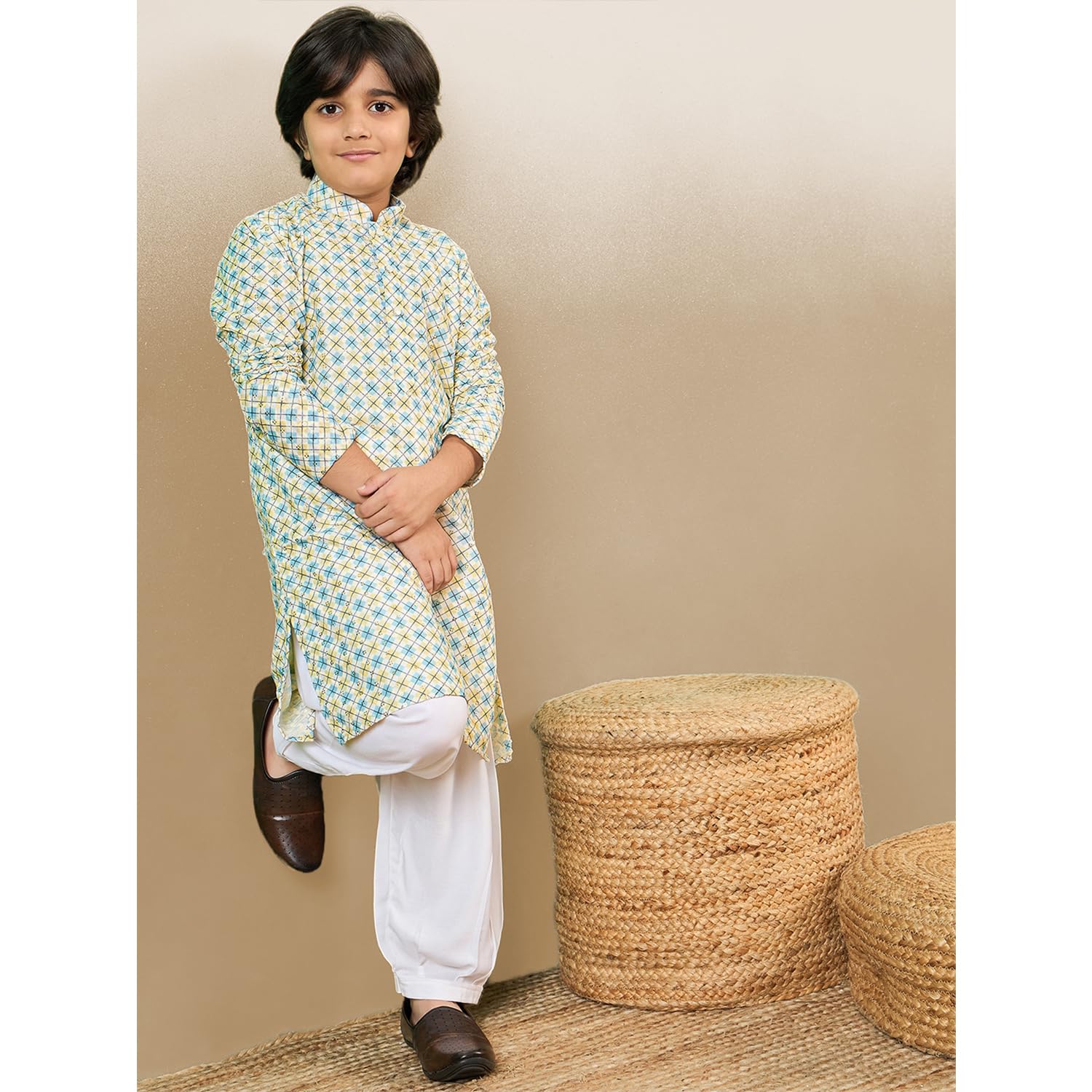 Sanwara Printed Light Yellow Kurta Set with Sequins for Boys (26) 2