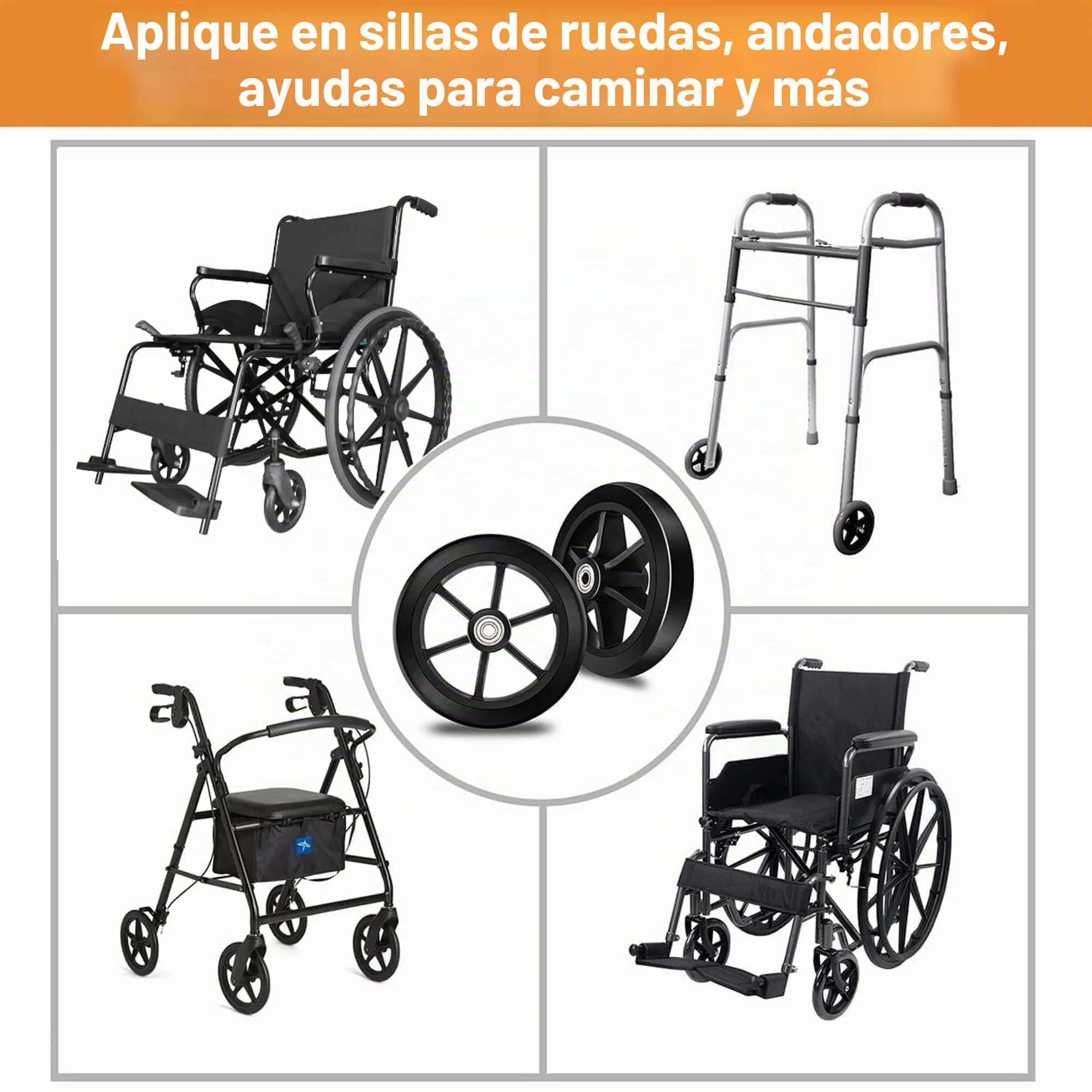 2 ruedas de repuesto sólidas de 200 mm, material goma respetuoso medio ambiente, neumáticos poliuretano resistente desgaste, buje ABS antideslizante duradero