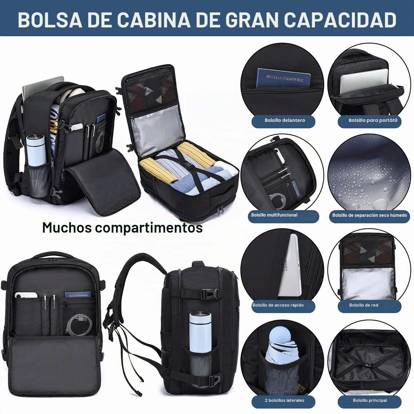 Mochila Viaje 40x30x20 Ryanair Vueling Cabina Avion 24L Impermeable Equipaje Mano 14 Pulgadas