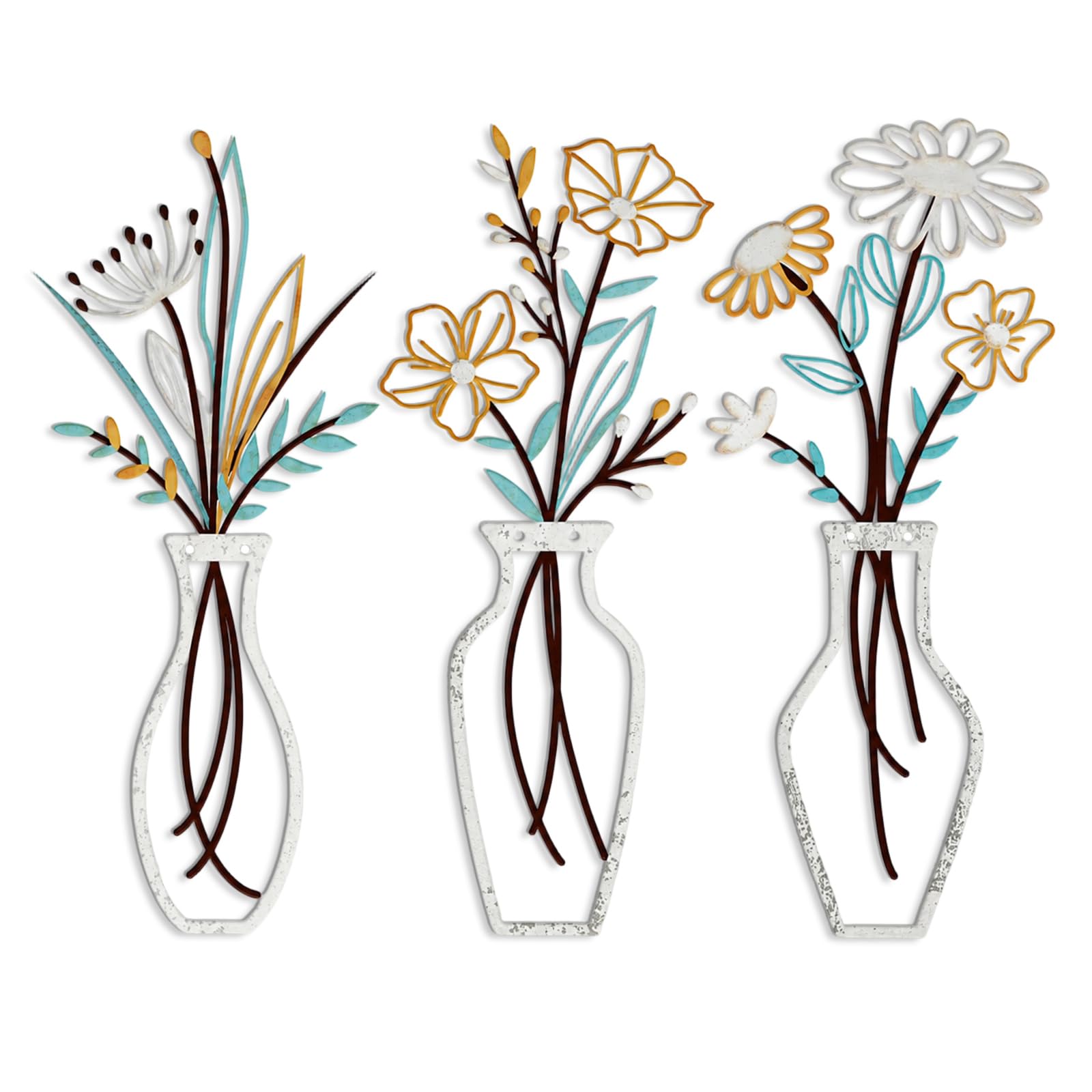 3-Piece Silver Vase Flower Wall Art, Metal Art Wall Decor Metal Artwork for Bedroom Living Room Dining Room Hallway And Stairs, Creative Flower Decor for Gifting