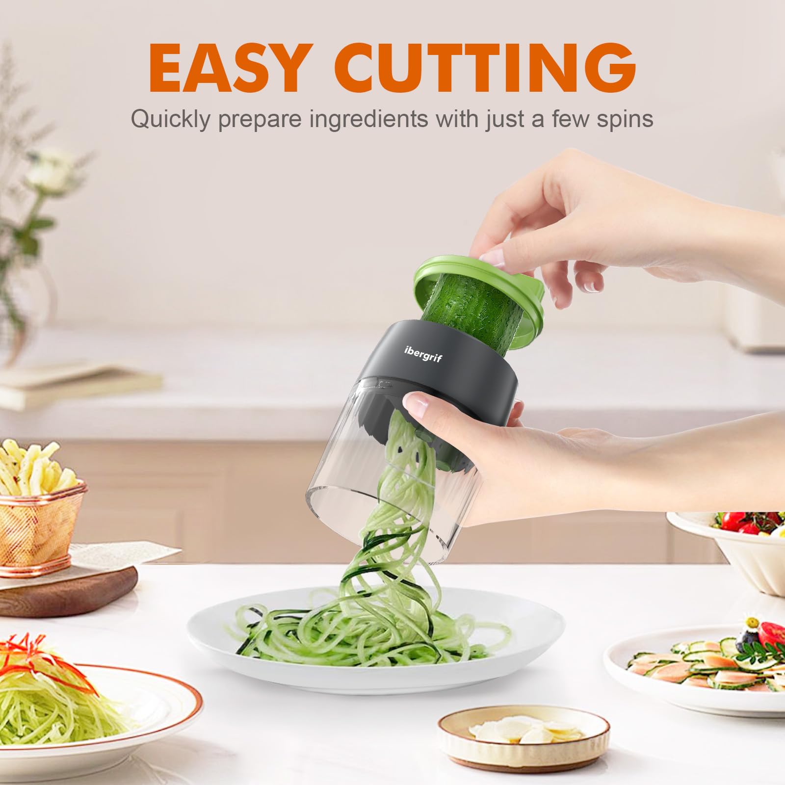 Ibergrif M522 Espiralizador de Verduras, Espaguetis Calabacin Maquina Mejorado, Espirilizador Calabacines Libre de BPA, Apto para Lavavajillas, 4 en 1 Cortador Calabacin para Pepinos, Calabacín — view 2