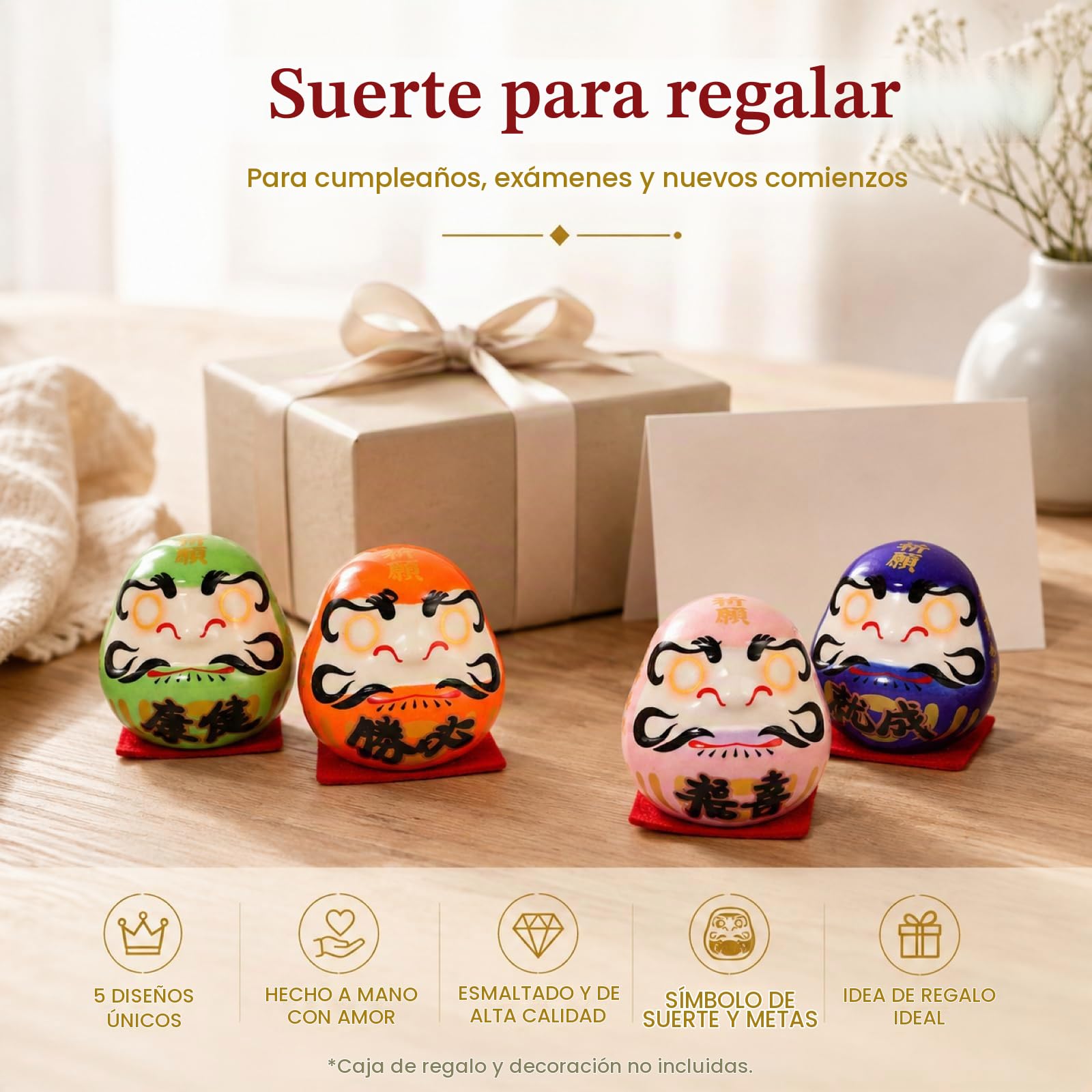 Zerodeko Juego de 5 muñecos japoneses de cerámica, amuleto de la suerte, figuras Bodhidharma en miniatura para el salpicadero del coche y el hogar, juego de decoración zen sin ojos para el éxito y la