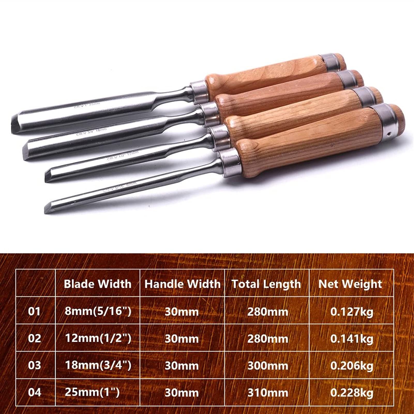 Carpenter Carpenter Carpenter Firmer Gouge Stolarskie dłuto do drewna, zestaw 4 półokrągłych dłut do rzeźbienia w drewnie, ostrze ze stali chromowo-wanadowej, dłuta do drewna