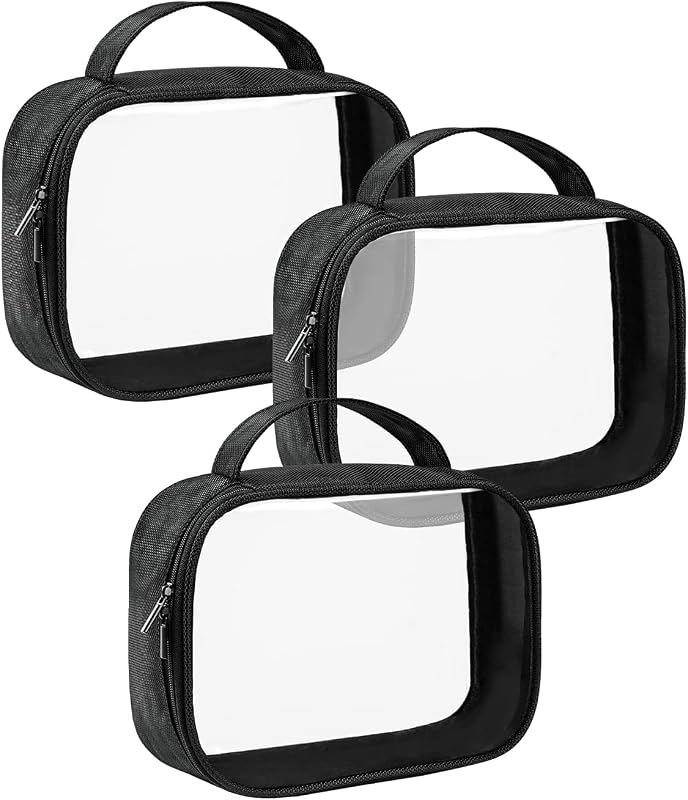 Necessaire transparente de viagem Moyad com zíper, preta, Pacote com 3
