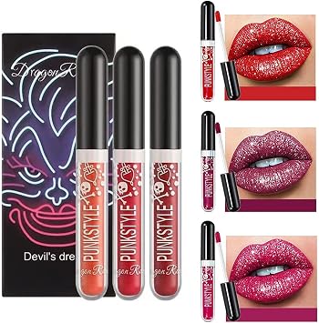 Glitter Lip Gloss Set, 3Pcs Glitter Lipsticks Diamond Shimmer Metallic Liquid Lipstick Set, Sparkle Sparkly Glossy Liquid Lipstick Lip Gloss Set for Women Lips Make up (Set B)