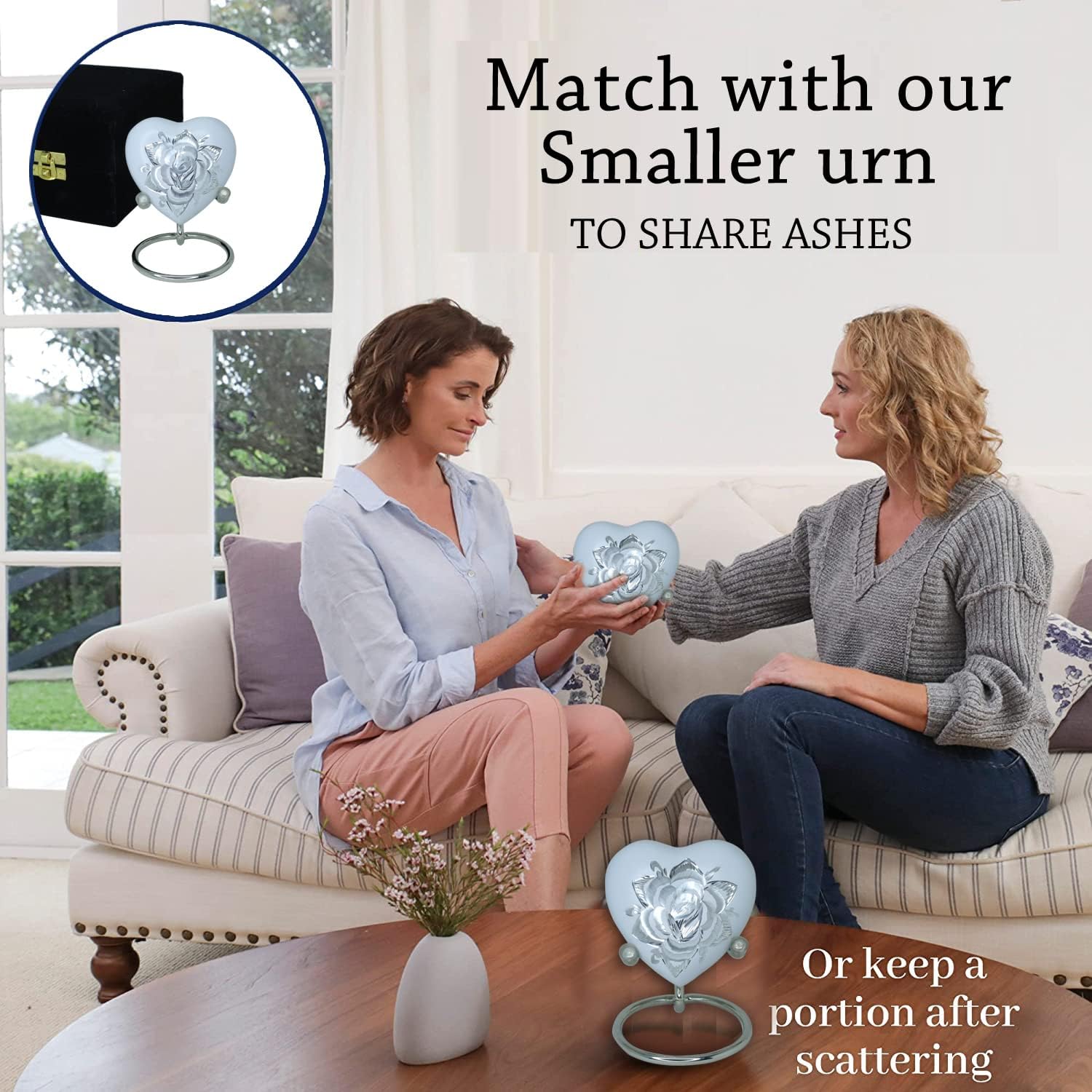 Rose Heart Keepsake Urn for Human Ashes Floral Mini Memorial Urn with Stand & Velvet Gift Box (White)