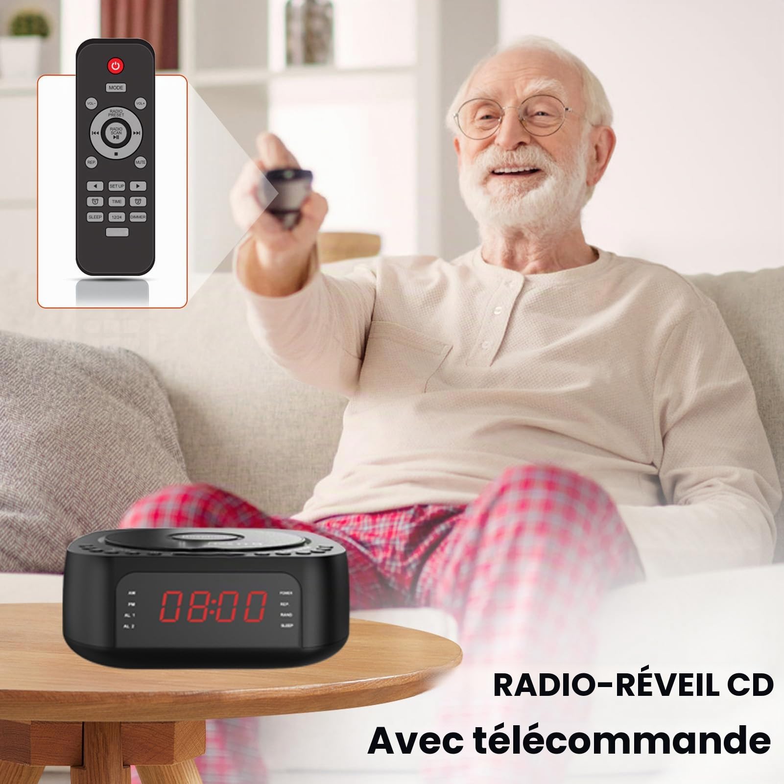 Zunate Lecteur CD Audio, Lecteur de Musique CD Portable avec Réveil, Chargement USB, Affichage à intensité Variable, Radio Bluetooth de Bureau avec Haut-Parleur, Télécommande pour (Prise UE)