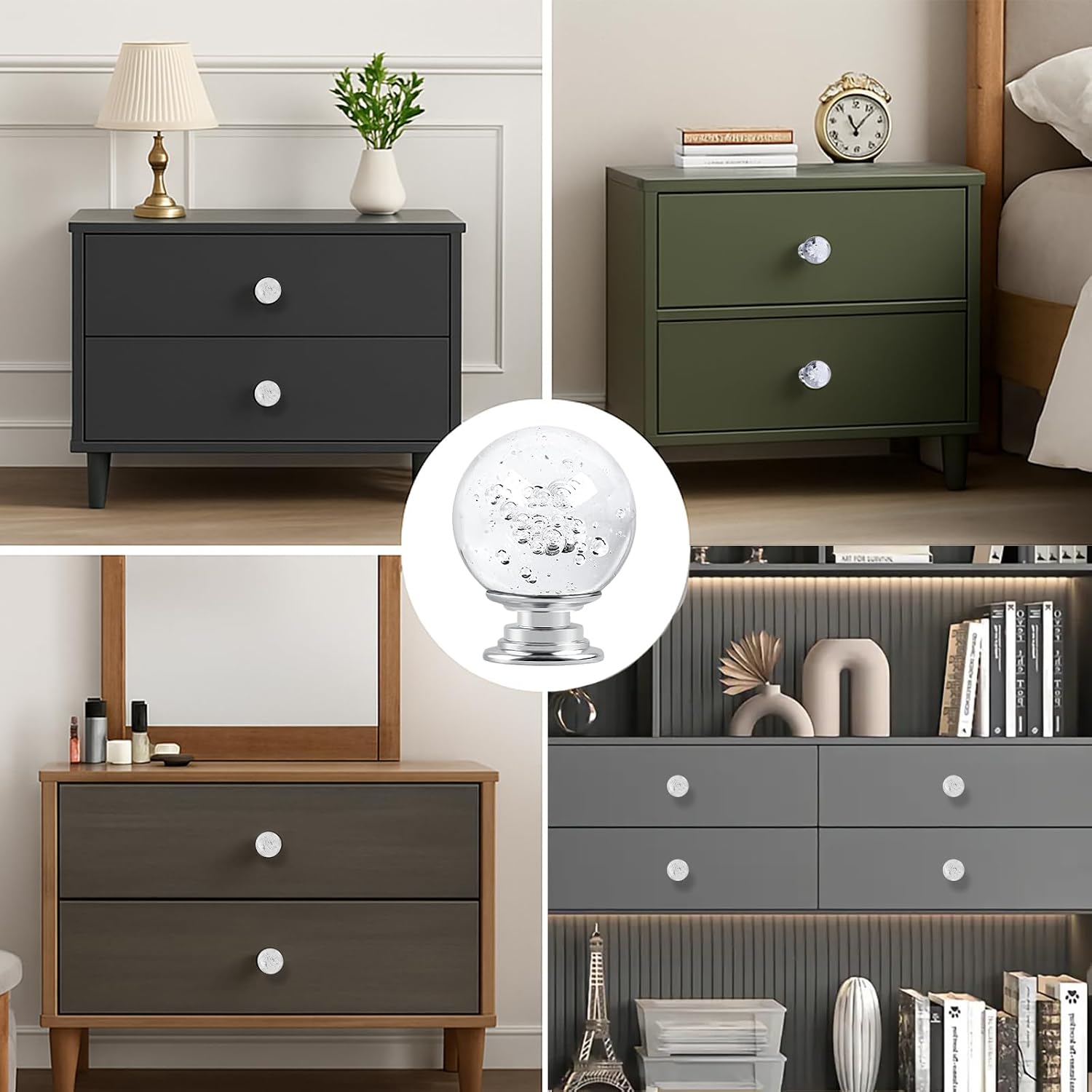 12 PCS Crystal Drawer Knobs Bubbles Ball Glass Cabinet Knobs Drawer Pulls 30mm for Kichten Home Bathroom with 3 Different Size Screws (Transparent)