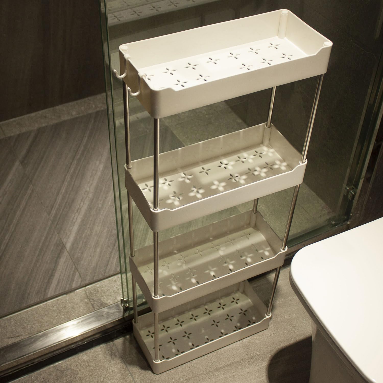 Estante organizador de ducha de 4 niveles de 12.59 x 5.51 x 30.71 pulgadas, estante de plástico para almacenamiento de ducha y cocina (blanco)