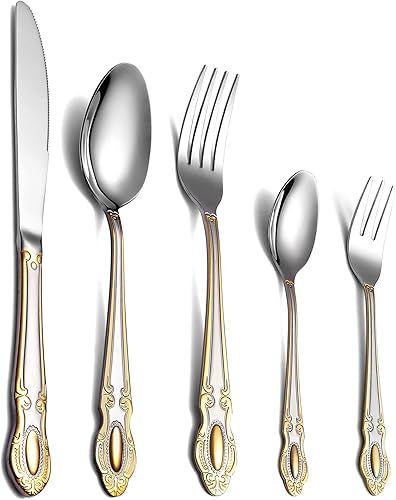Juego de cubiertos dorados de 20 piezas, juego de cubiertos de cubiertos, juego de cubiertos para 4, perfecto para bodas o fiestas, acabado espejo,
