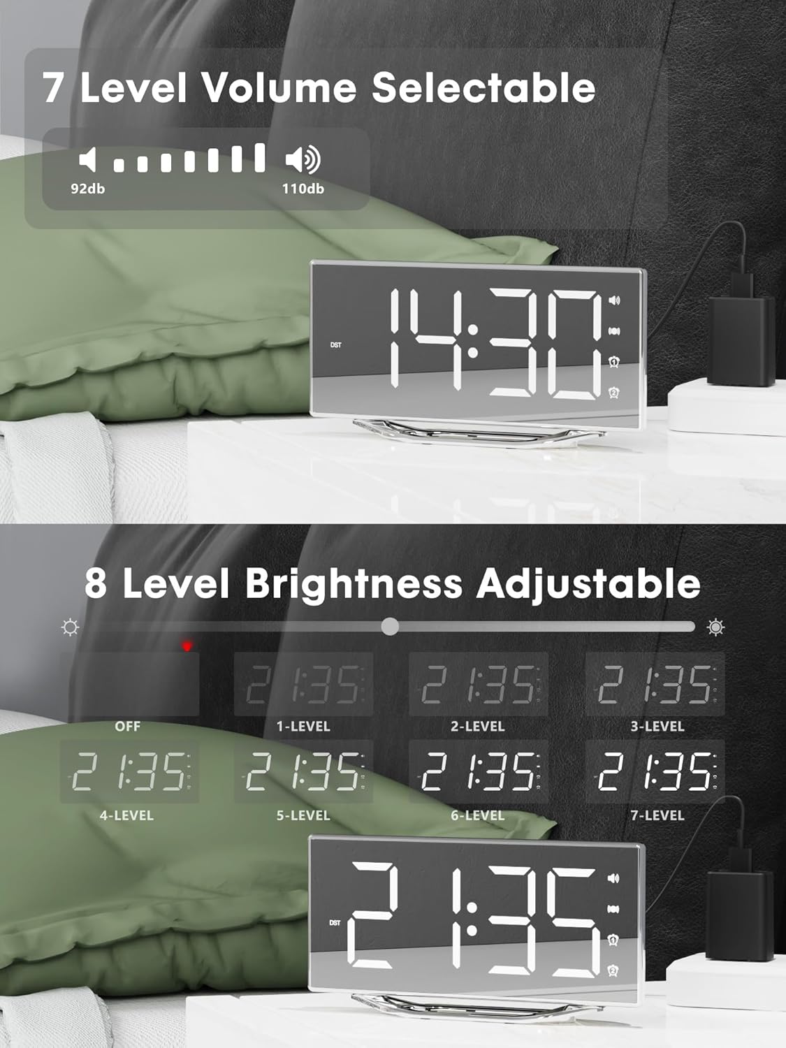 Alarm clock display showing different brightness levels from off to level 7.