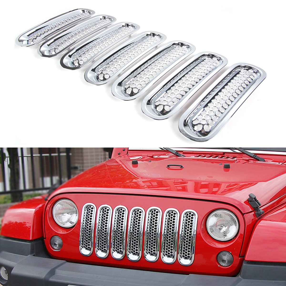 RT-TCZUpgrade Version Clip-on Grille Front Mesh Grille Inserts for Jeep Wrangler 2007-2015 (Chrome)