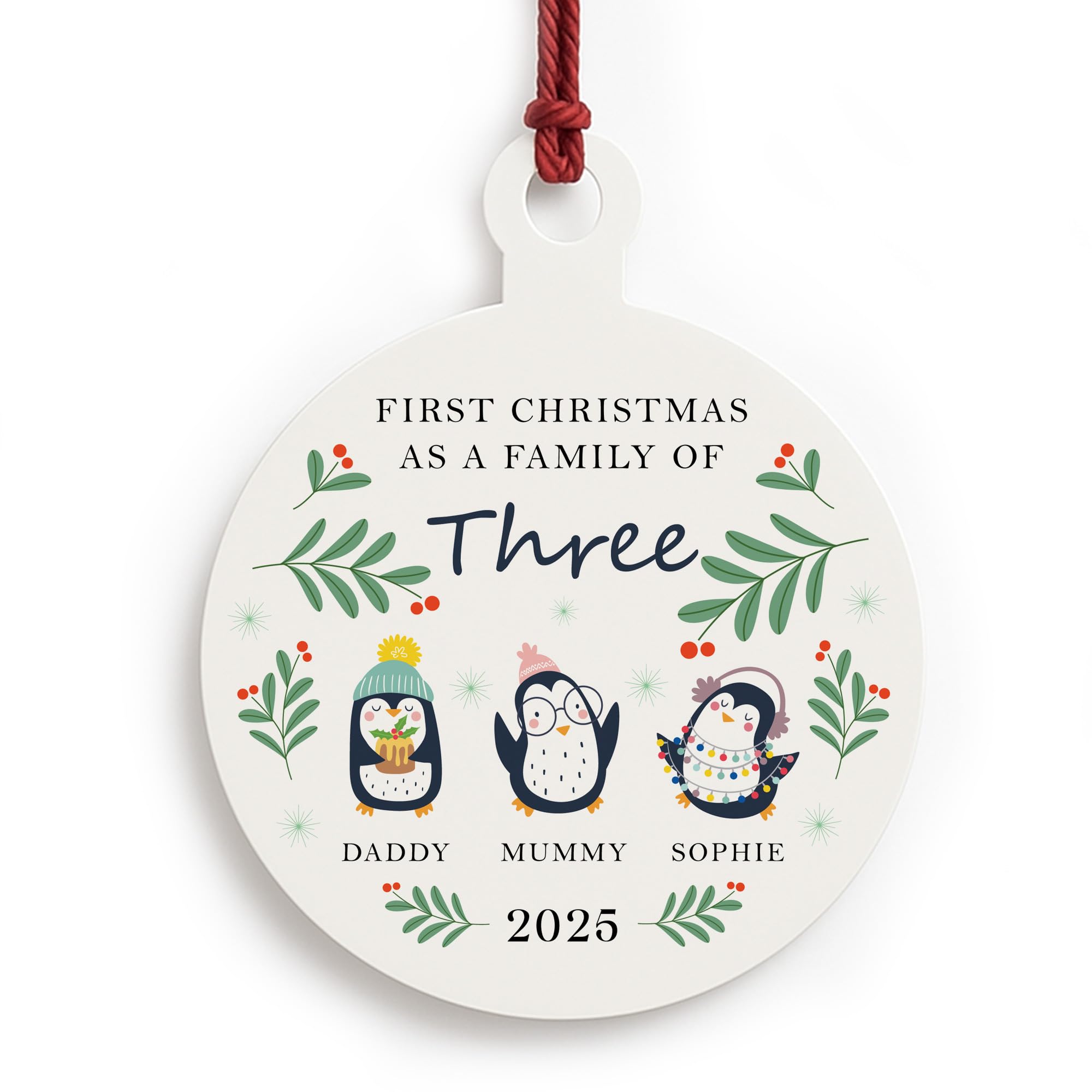 Red Ocean First Christmas as a Family of Three Penguin Personalised New Baby Family Ornament New Parents Keepsake Baby's 1st Christmas Tree Decoration
