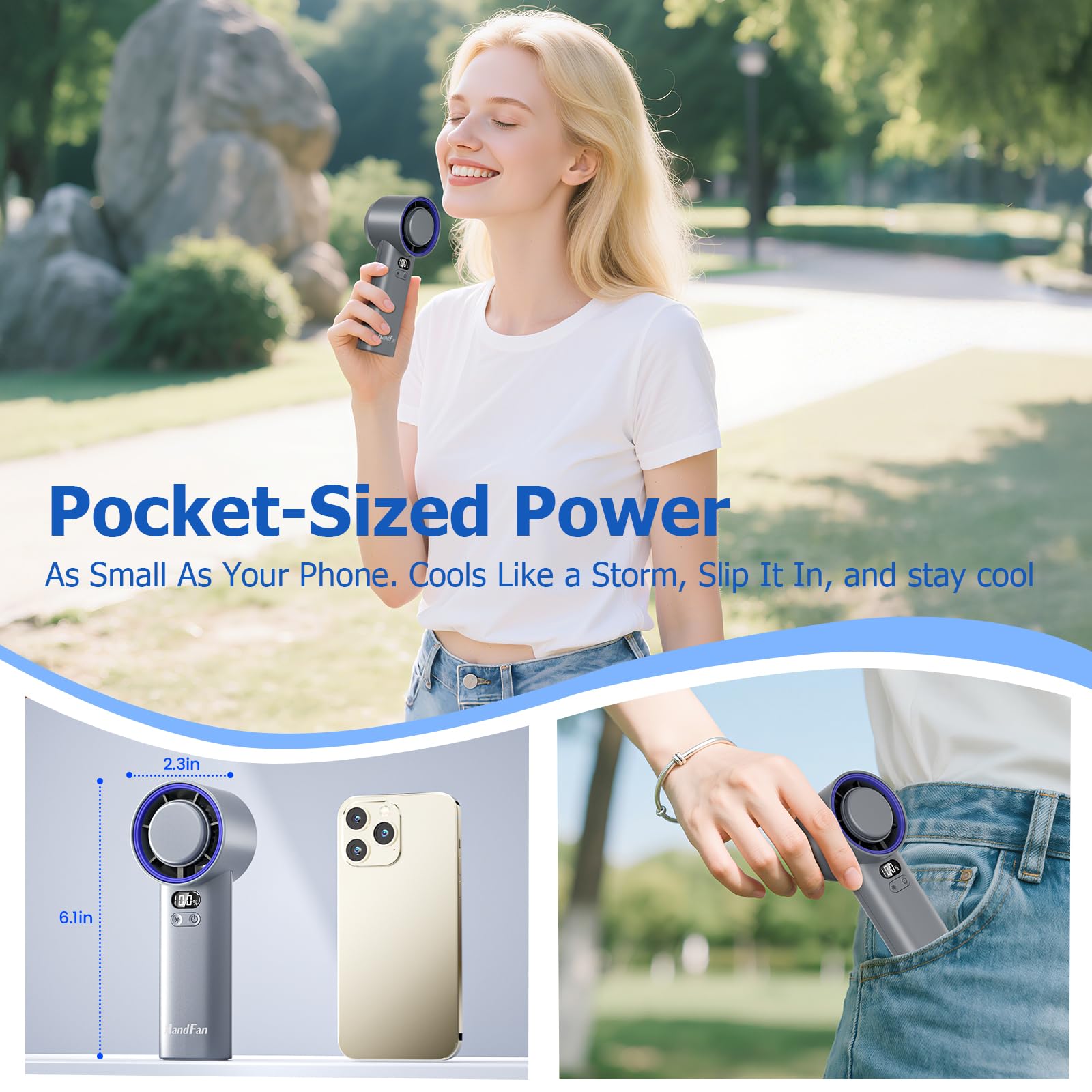 HandFan Ventilador turbo de mano de alta velocidad de 5200 mAh, potente ventilador de hielo de refrigeración de 13000 rpm, mini ventilador de CA portátil, 100 velocidades ajustables, pantalla digital,