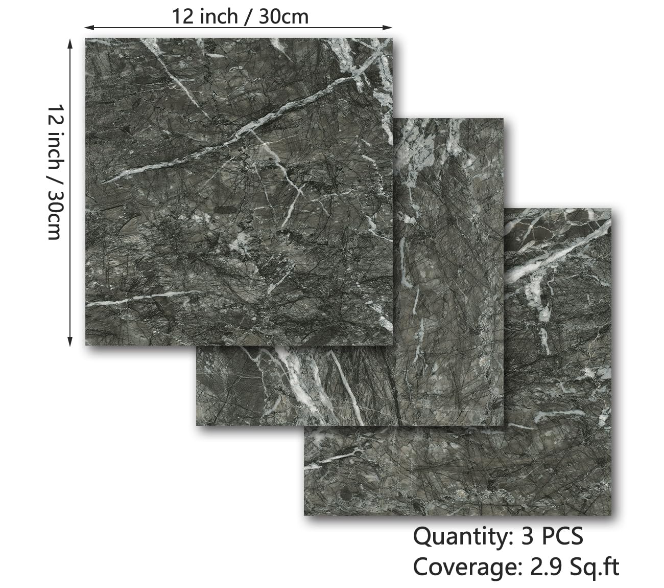 Decotalk Peel and Stick Floor Tile Marble Floor Tiles Peel and Stick Waterproof 12x12 Inch Dark Grey-Tiled Bathroom 3-Sheet Vinyl Flooring Planks Granite Marble Flooring for Bedroom, Basement